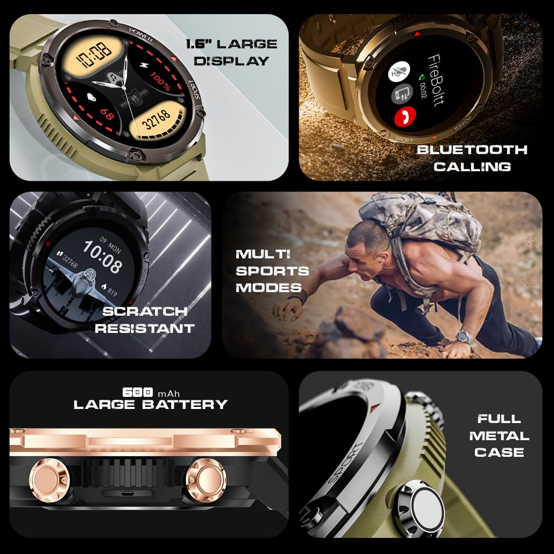 Fire-Boltt Armour, Sporty Rugged Outdoor Smart Watch with a 1.6" High-Resolution HD Display, Shockproof Metal Body, Bluetooth Calling 600 mAh Battery
