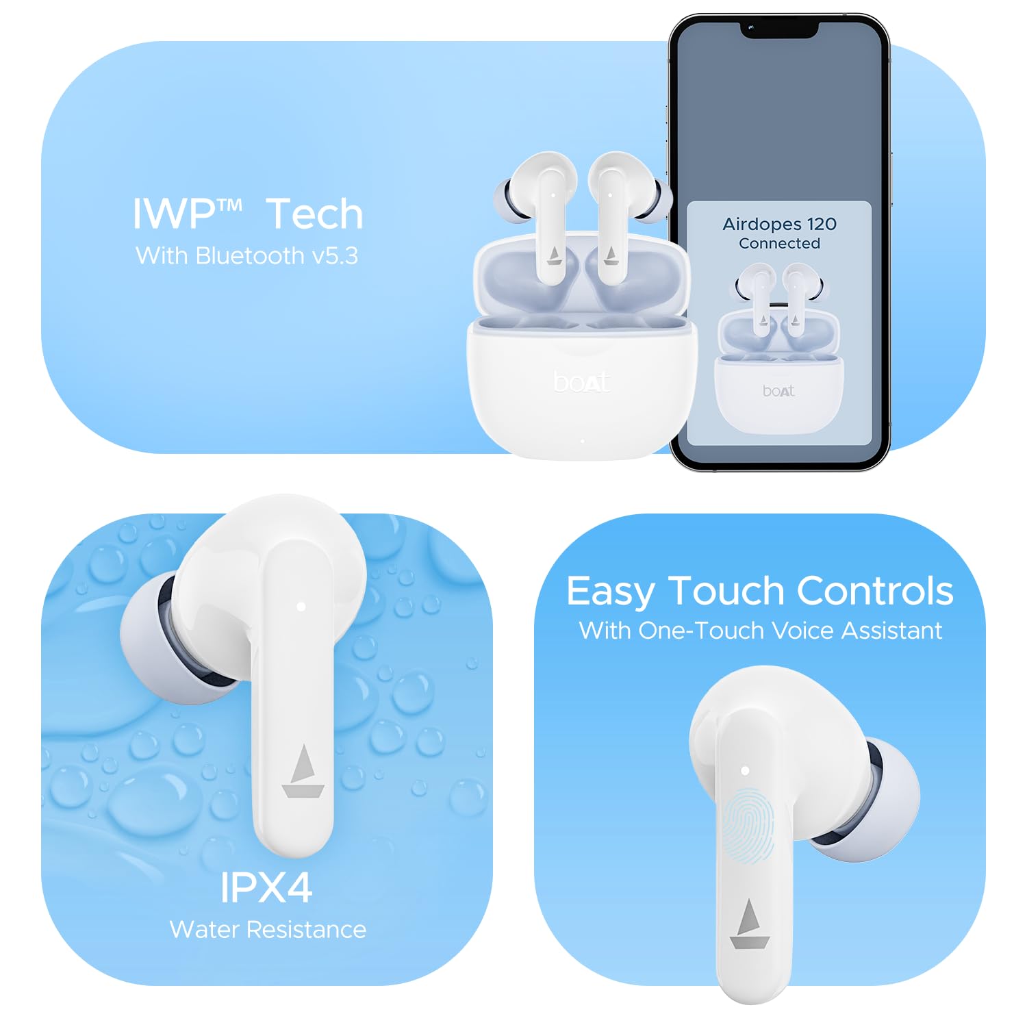 boAt Airdopes 120 TWS Earbuds with in-Ear Detection, 40 hrs Playtime Quad Mics with ENx™ Tech, ASAP™ Charge, IWP™ Tech, Beast™ Mode with 65 ms Low Latency, BTv5.3 & IPX4(Ivory White)