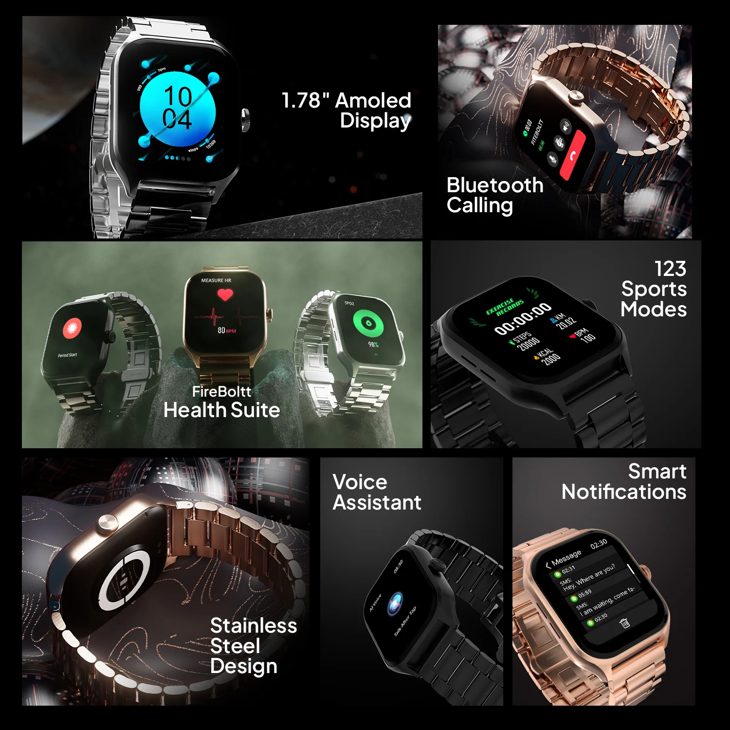 Fire-Boltt Stellaris Luxury Steel Watch 45.2mm (1.78) AMOLED Always-on Display 123 Sports Smartwatch  (Black SS Strap, Free Size)