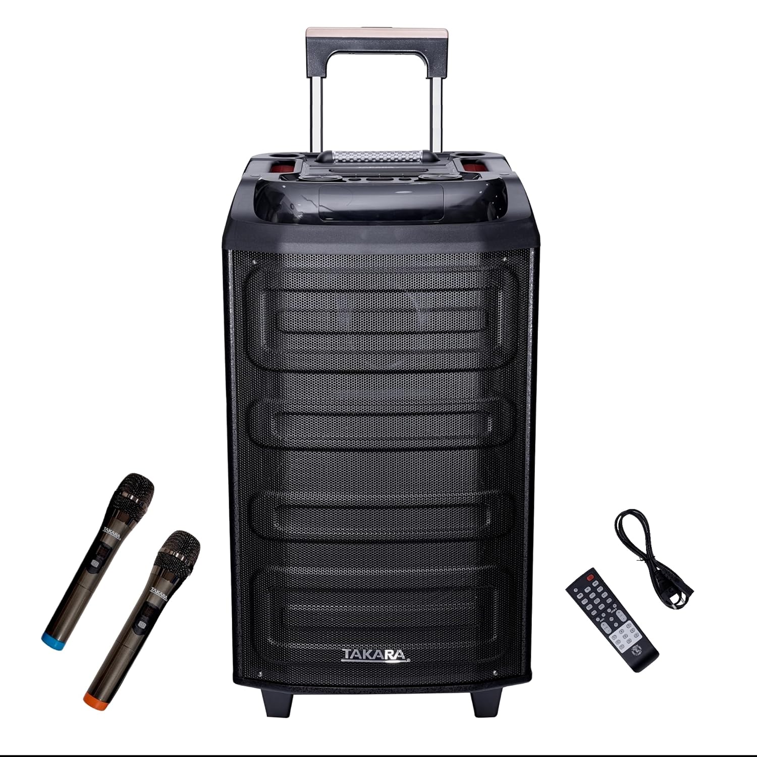 Takara T 9090 Karaoke Speaker Trolley Portable Multimedia Bluetooth; Audio Recording; USB; SD; TF; AUX PA System with 2 Wireless UHF Mic; Remote Control; FM with New DJ LED Light (Black)