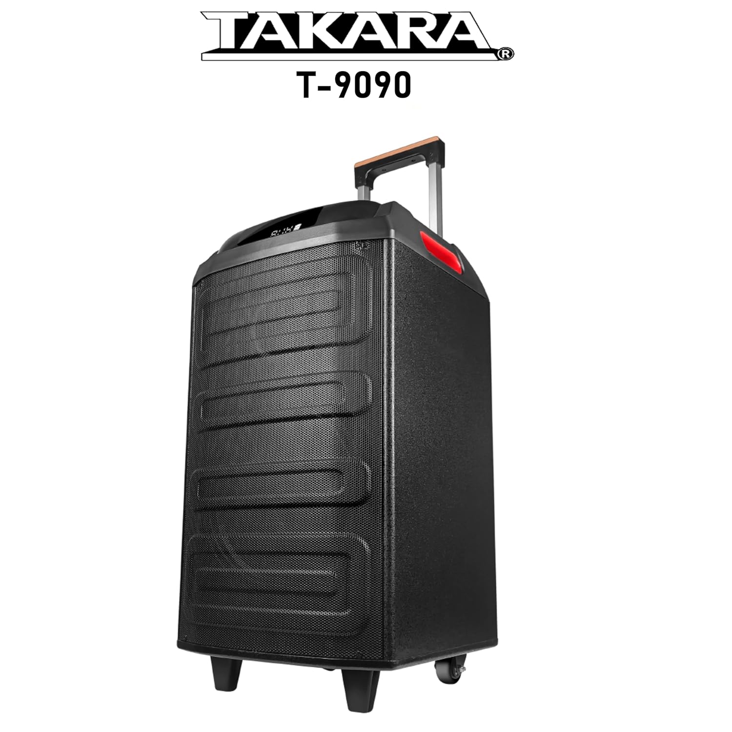 Takara T 9090 Karaoke Speaker Trolley Portable Multimedia Bluetooth; Audio Recording; USB; SD; TF; AUX PA System with 2 Wireless UHF Mic; Remote Control; FM with New DJ LED Light (Black)