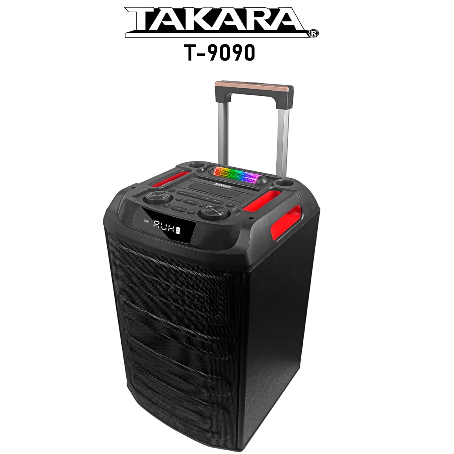 Takara T 9090 Karaoke Speaker Trolley Portable Multimedia Bluetooth; Audio Recording; USB; SD; TF; AUX PA System with 2 Wireless UHF Mic; Remote Control; FM with New DJ LED Light (Black)