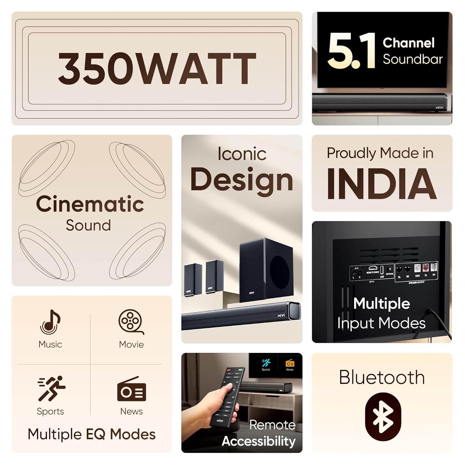 Mivi Fort H350 Soundbar, 350 Watts, 5.1 Channel, Multi-Input and EQ Modes, BT v5.1 350 W Bluetooth Soundbar  (Black, 5.1 Channel)