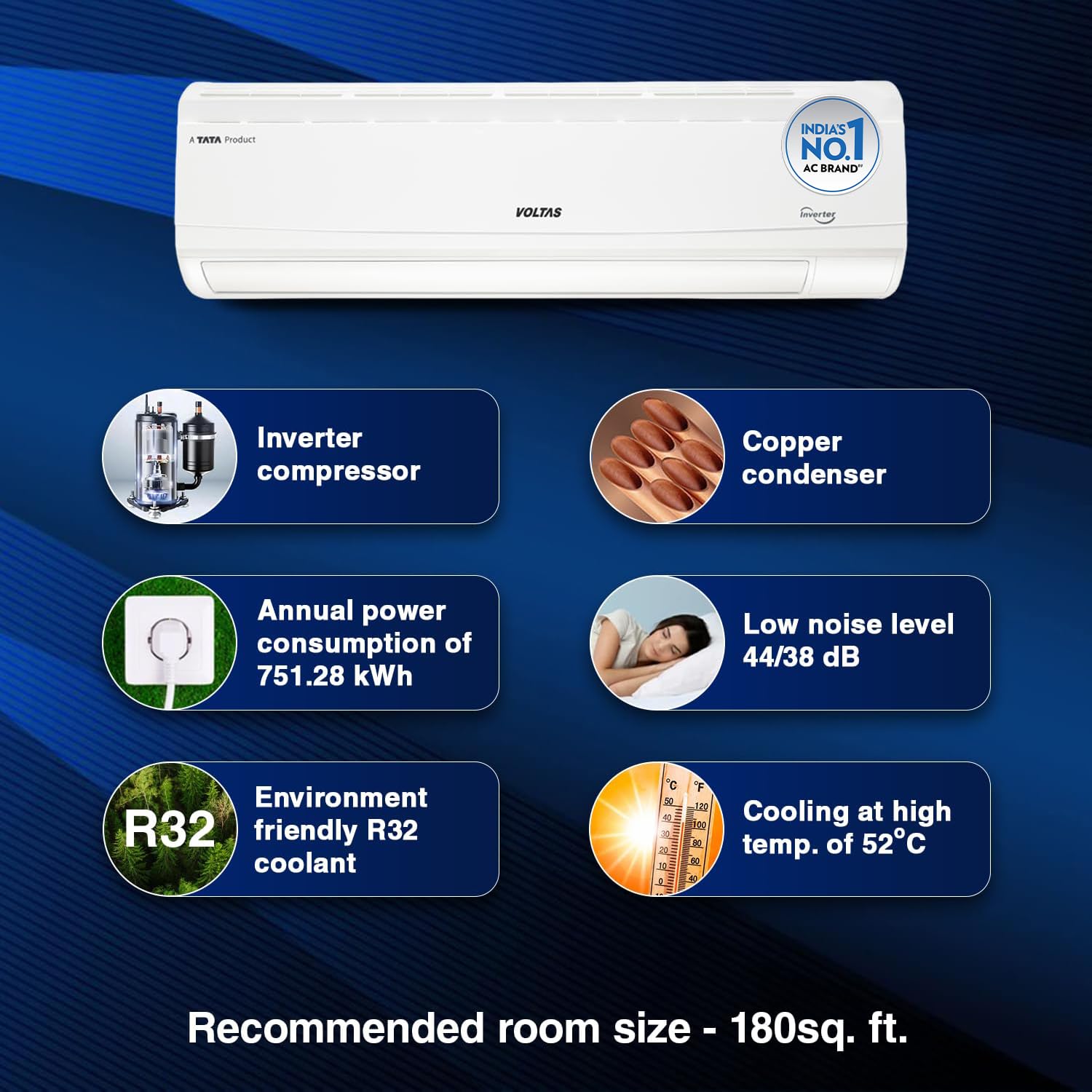 Voltas 1.5 ton 5 Star, Inverter Split AC (Copper, 4-in-1 Adjustable Mode, Anti-dust Filter, 185V Vectra CAR, White)