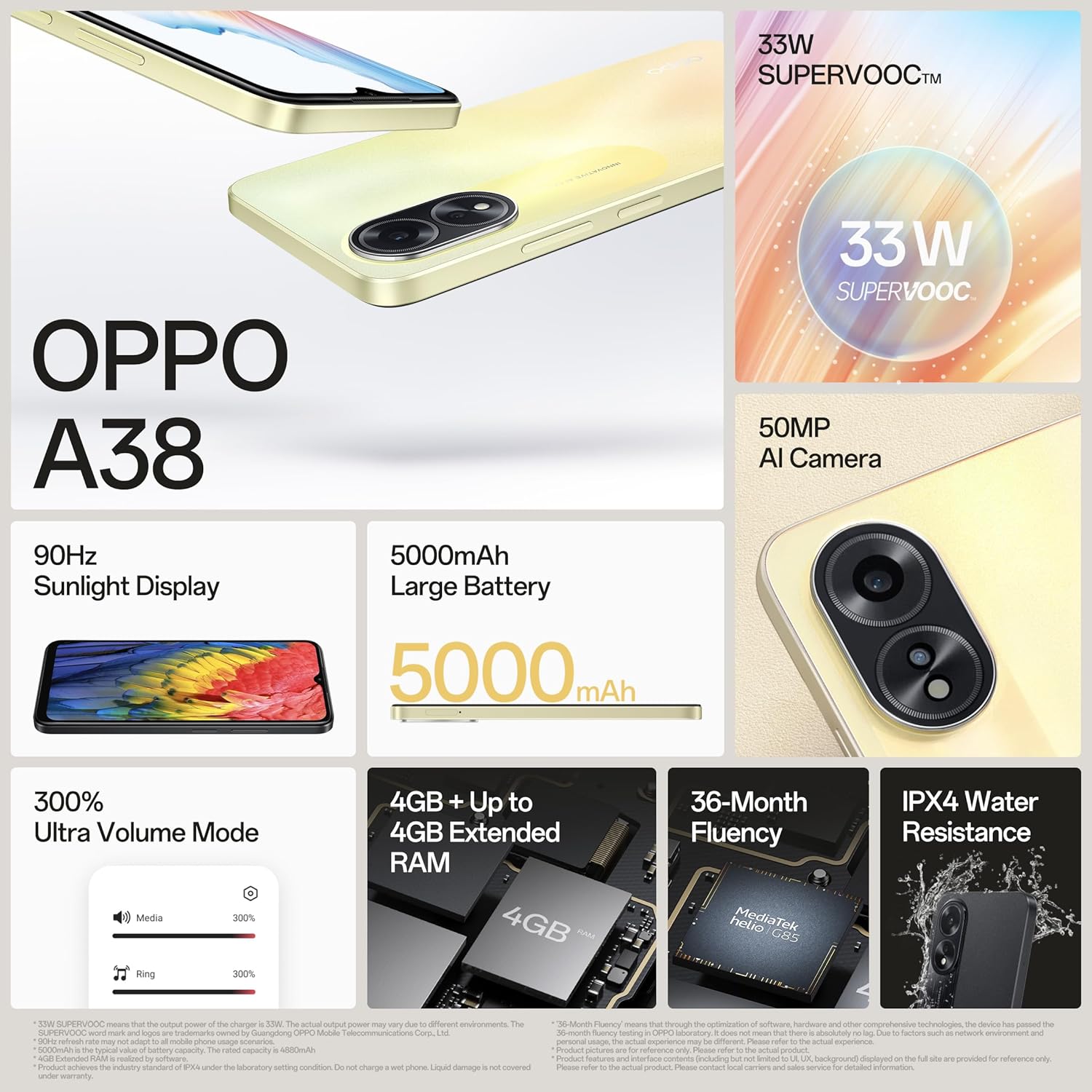 OPPO A38 (Glowing Gold, 128 GB)  (4 GB RAM)