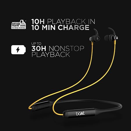 boAt Rockerz 338 in Ear Neckband with ASAP Charge, Enhanced Bass, Metal Control Board, IPX5, Type C Port Voice Assistant Bluetooth(Blazing Yellow)
