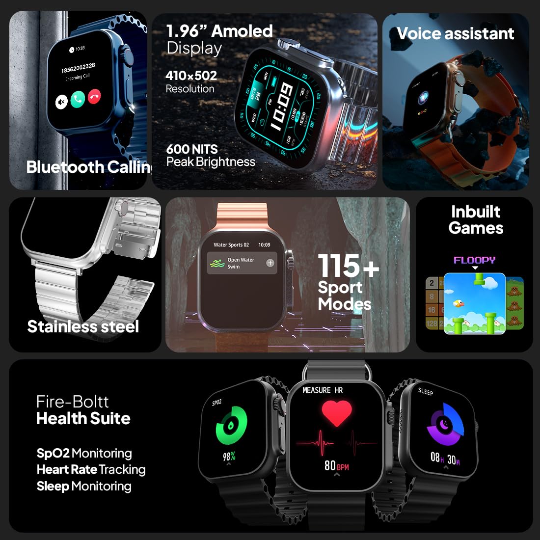 Fire-Boltt Gladiator 49.7mm Display, Stainless Steel, Bluetooth Call, 123 sports modes Smartwatch  (Silver C Strap, Free Size)