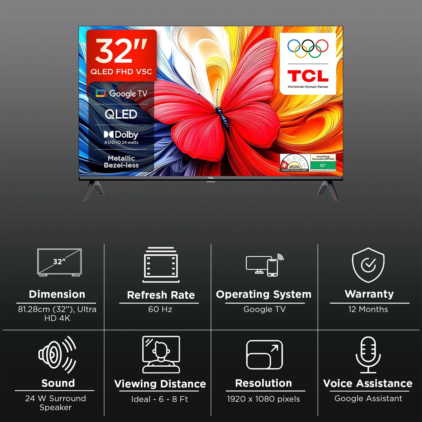 TCL V5C 80 cm (32 inch) QLED Full HD Smart Google TV 2025 Edition with 100% Color Volume Plus | 24W Dolby Audio | Google Assitant | Chromecast built-in | Slim Design  (32V5C)