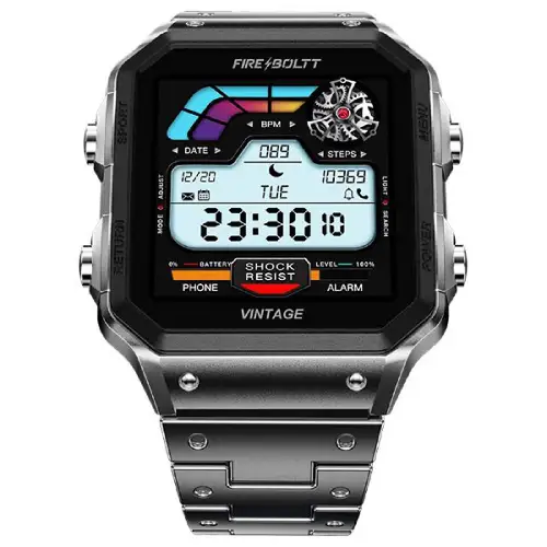 Fire-Boltt Retro 39.1mm (1.54) Display, Bluetooth call, Voice Assistance, Steel Straps Smartwatch  (Black Strap, Free Size)