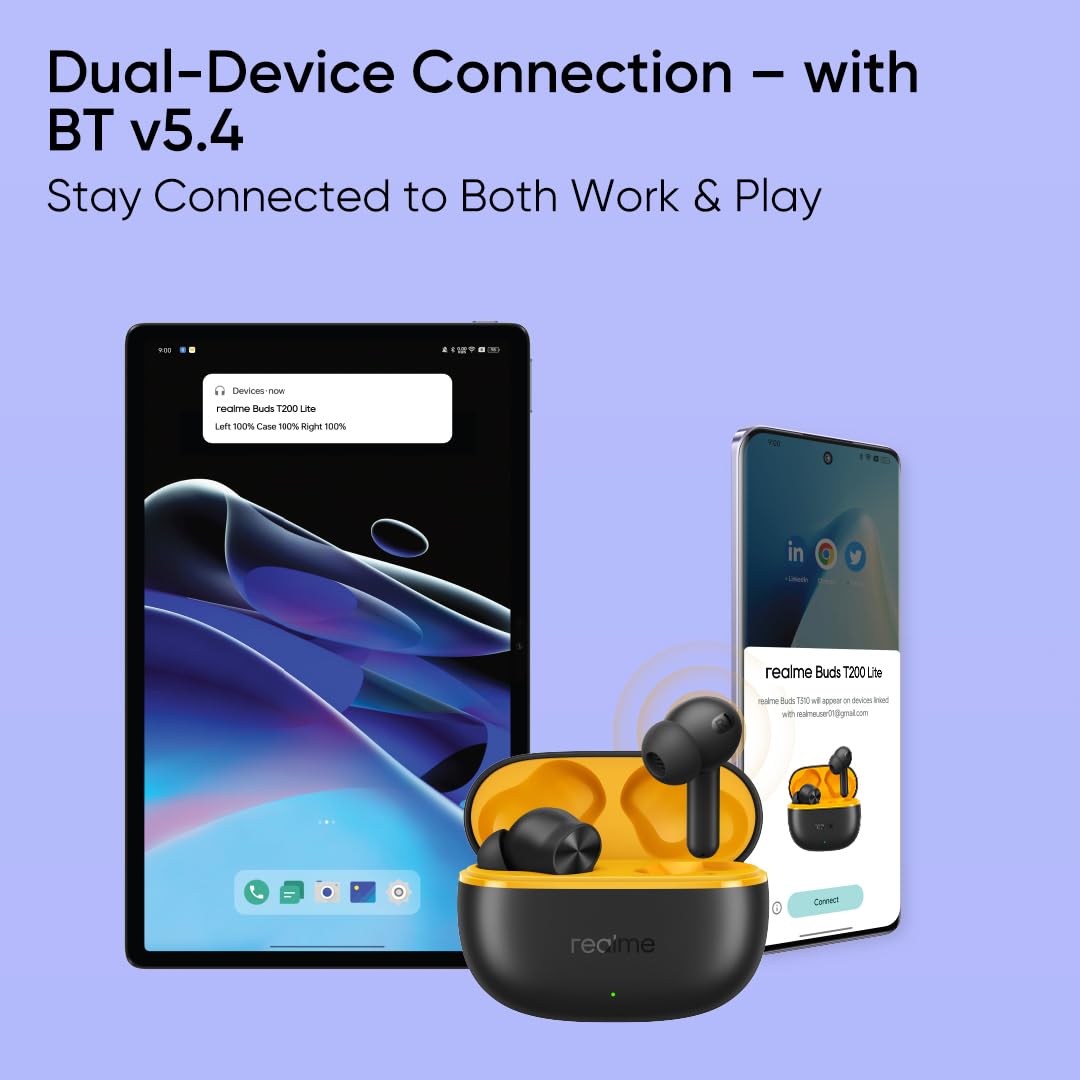realme Buds T200 Lite with 12.4mm Driver, 48hrs Playback, AI ENC & Dual-Device Pairing Bluetooth  (Volt Black, True Wireless)