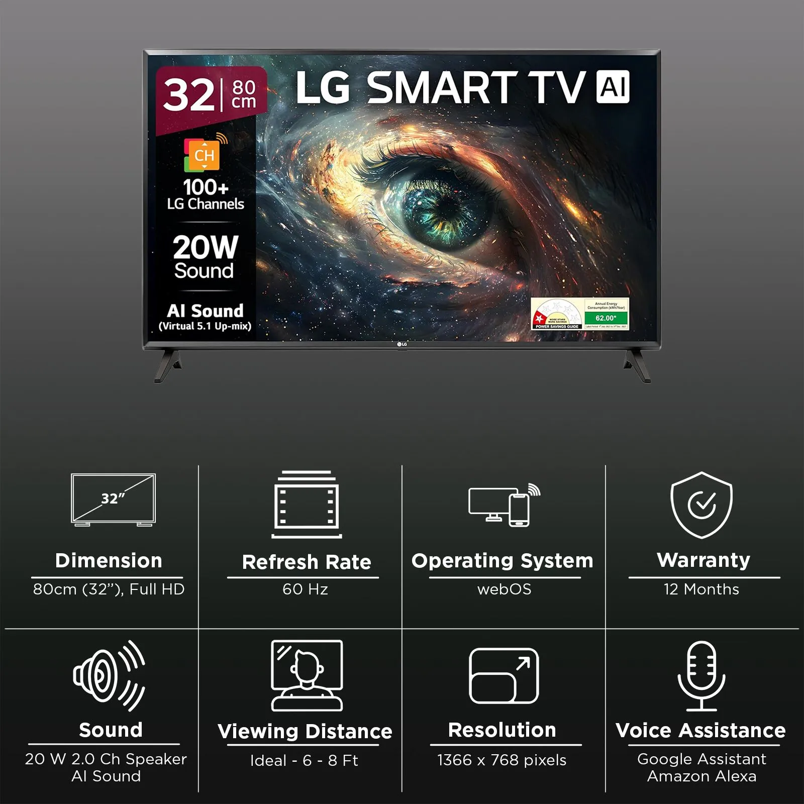 GLR570 80 cm (32 inch) HD Ready LED Smart WebOS TV 2025 Edition with Alpha5 Gen 6 AI Processor | 100+ Free LG Channels | AI Brightness Control | AI Sound (Virtual Surround 5.1 Up-mix) L