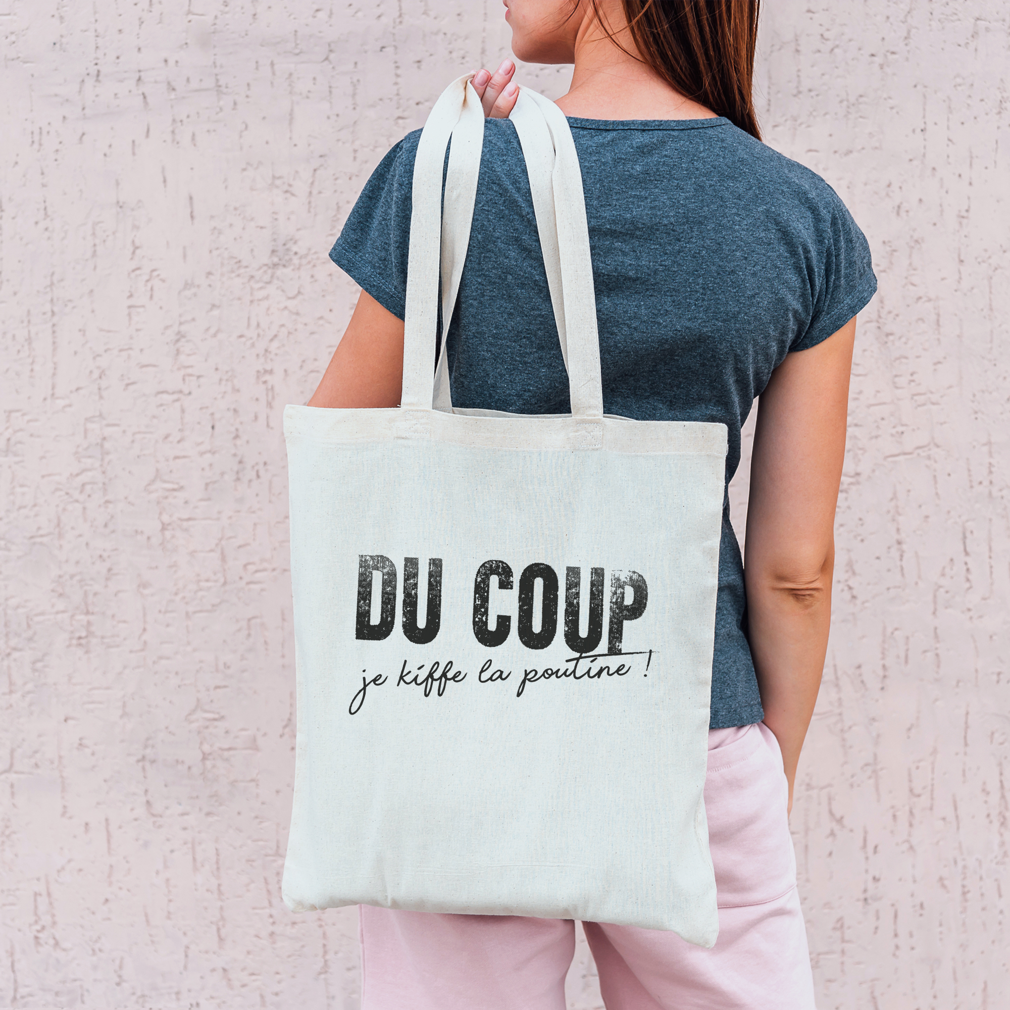 Sac fourre-tout en toile "DU COUP je kiffe la poutine"