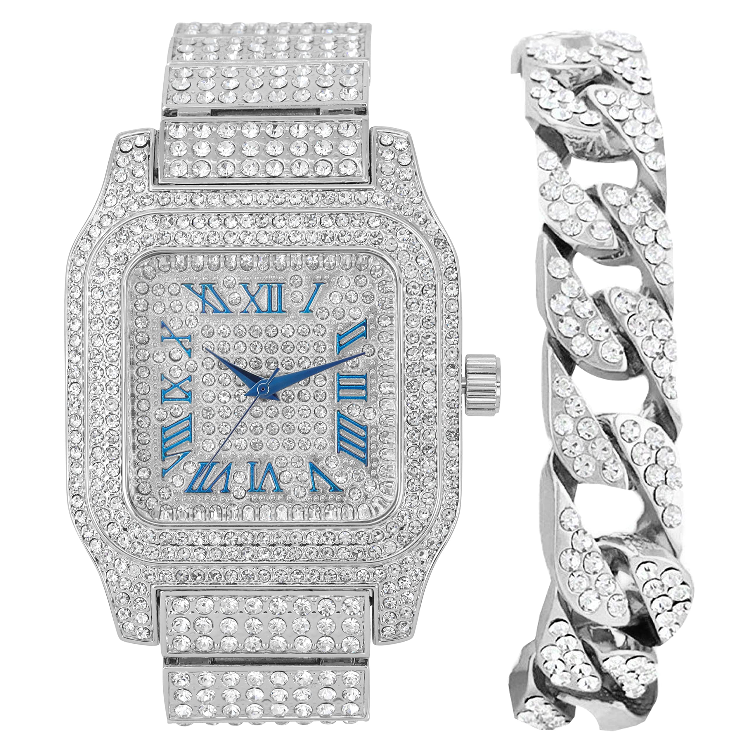 Bling-ed Out Biggie Square Iced Gold Hip Hop Watch You Will Hypnotize in a Flashy Way - 0513Sq (Silver Blue R# Cuban)