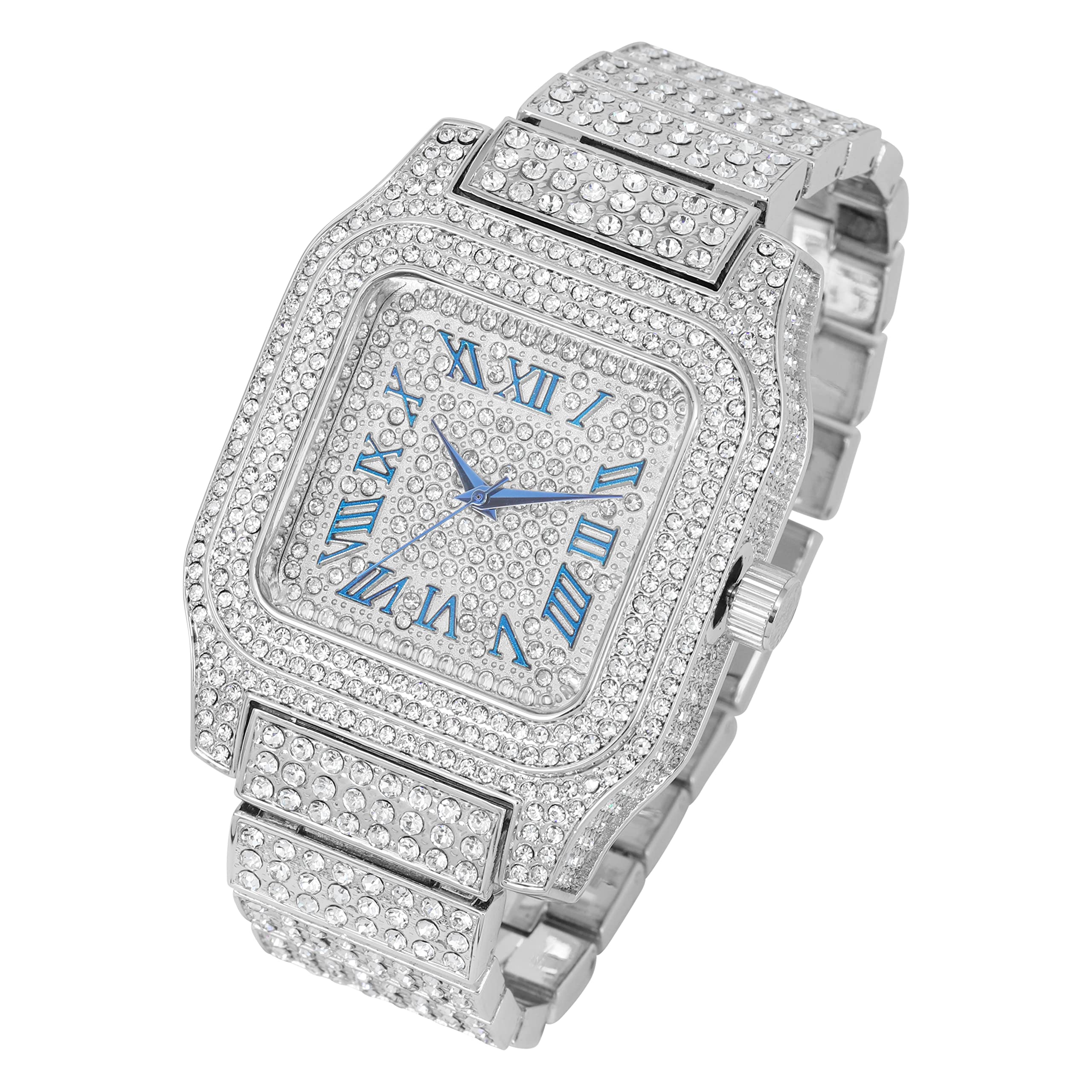 Bling-ed Out Biggie Square Iced Gold Hip Hop Watch You Will Hypnotize in a Flashy Way - 0513Sq (Silver Blue R# Cuban)