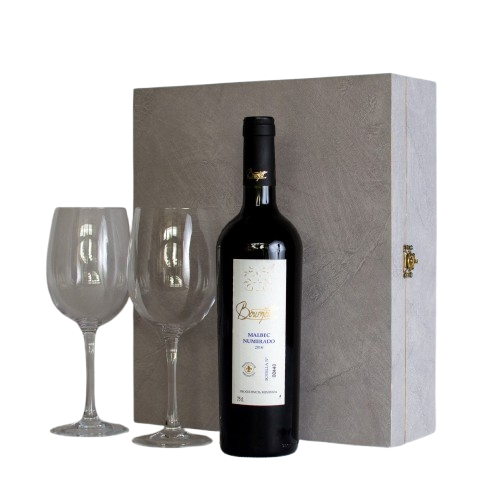 Estuche madera forrado dos copas + vino