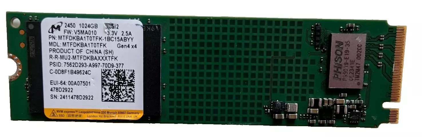 Micron 2450 1TB NVMe SSD (M.2 2280) MTFDKBA1T0TFK Gen4 x4 1 TB