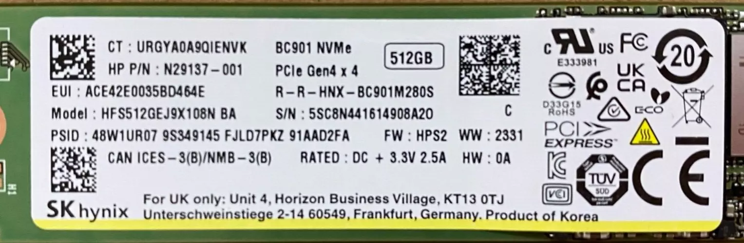 SK hynix BC901 512GB PCIe 4.0 NVMe M.2 SSD (HFS512GEJ9X108N) – wie NEU