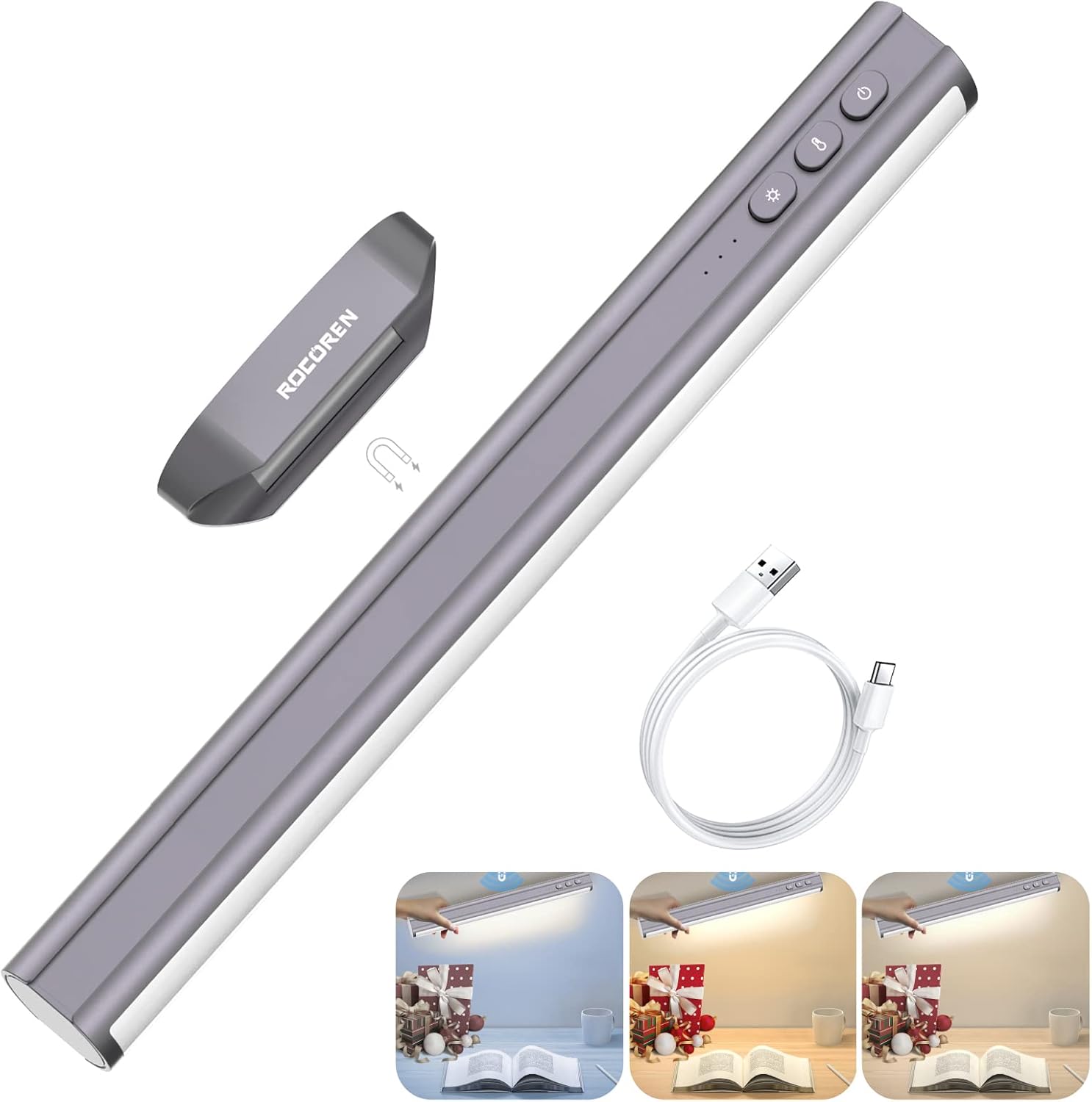 Rocoren Unterbauleuchte Küche LED Akku, 3 Farben, stufenlos dimmbare LED Lichtleiste batteriebetriebene Schreibtischlampe, Schminklicht, Schranklampe, Schranklicht, Led Bar mit Magneten