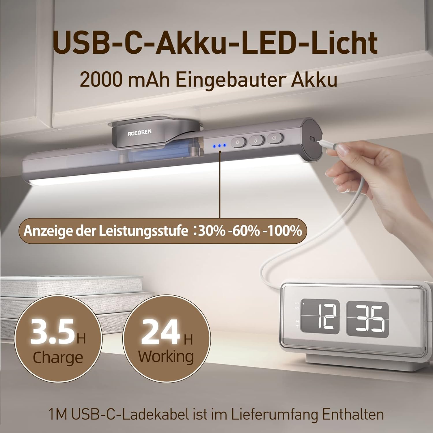 Rocoren Unterbauleuchte Küche LED Akku, 3 Farben, stufenlos dimmbare LED Lichtleiste batteriebetriebene Schreibtischlampe, Schminklicht, Schranklampe, Schranklicht, Led Bar mit Magneten