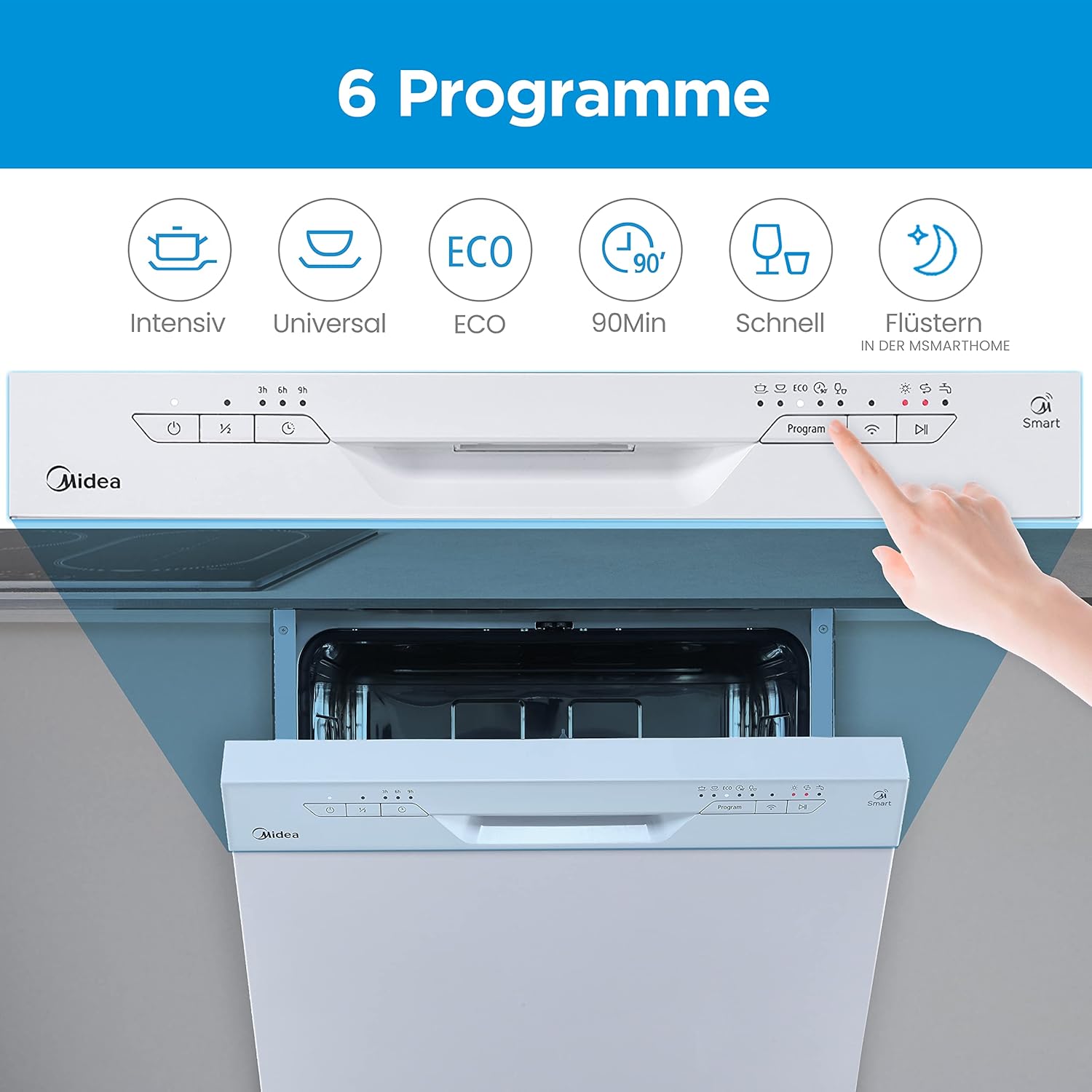 Midea SF 3.60NW PRO Geschirrspüler, 14 Maßgedecke, Spülmaschine mit WLAN, Geschirrspüler Freistehend Unterbaufähig, 5 Reinigungsmodi, 47 dB, 3/6/9h Startzeitvorwahl, Weiß [Energieklasse E]