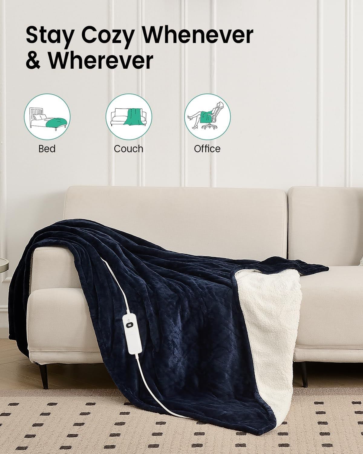 immtree Heizdecke, Wärmedecke Heizdecke mit Abschaltautomatik, Elektrische Decke für Home Office Bett Sofa, Abnehmbarer Controller und Maschinenwaschbar, Marineblau (160x130cm)