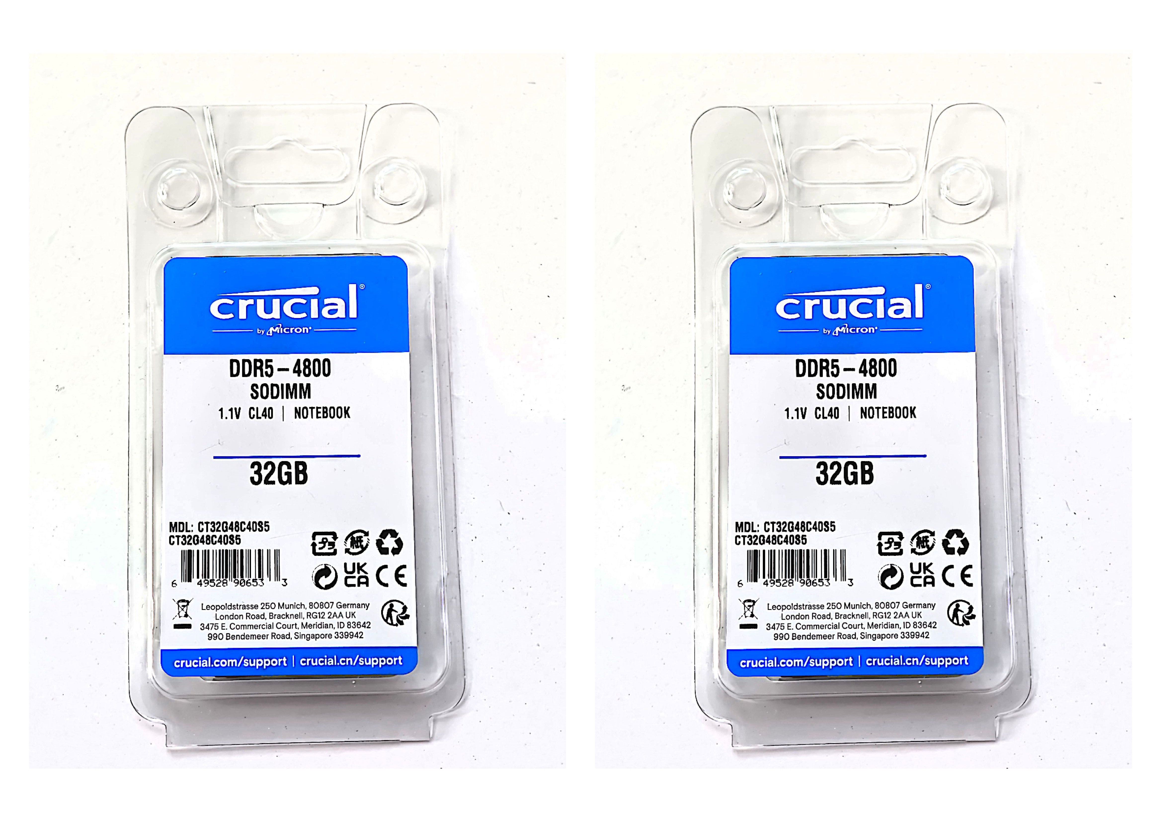 Micron Crucial 2x 32GB 64GB DDR5 4800 SODIMM Laptop RAM Kit CL40 1 V CT32G48C40S5 NEU & OVP