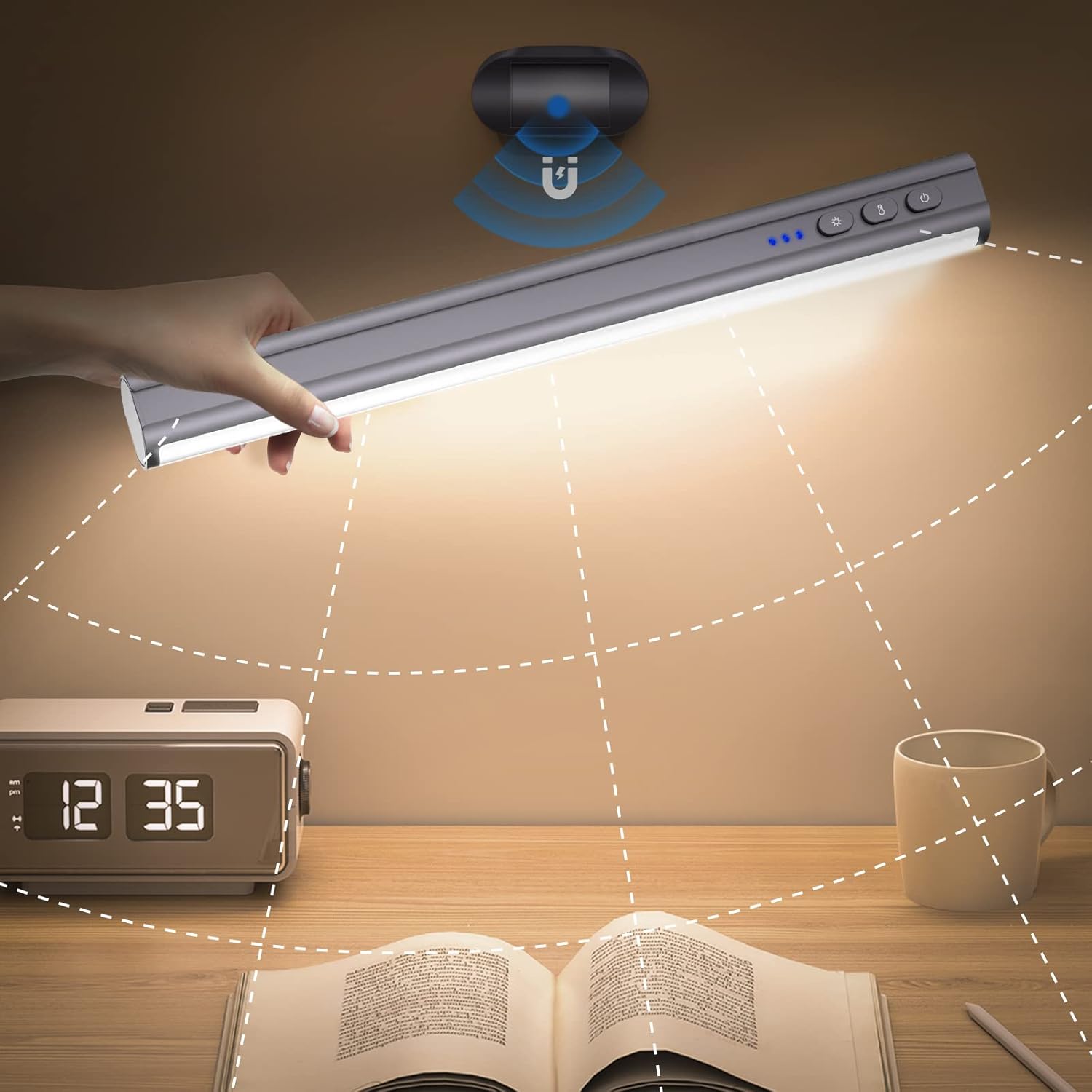 Rocoren Unterbauleuchte Küche LED Akku, 3 Farben, stufenlos dimmbare LED Lichtleiste batteriebetriebene Schreibtischlampe, Schminklicht, Schranklampe, Schranklicht, Led Bar mit Magneten