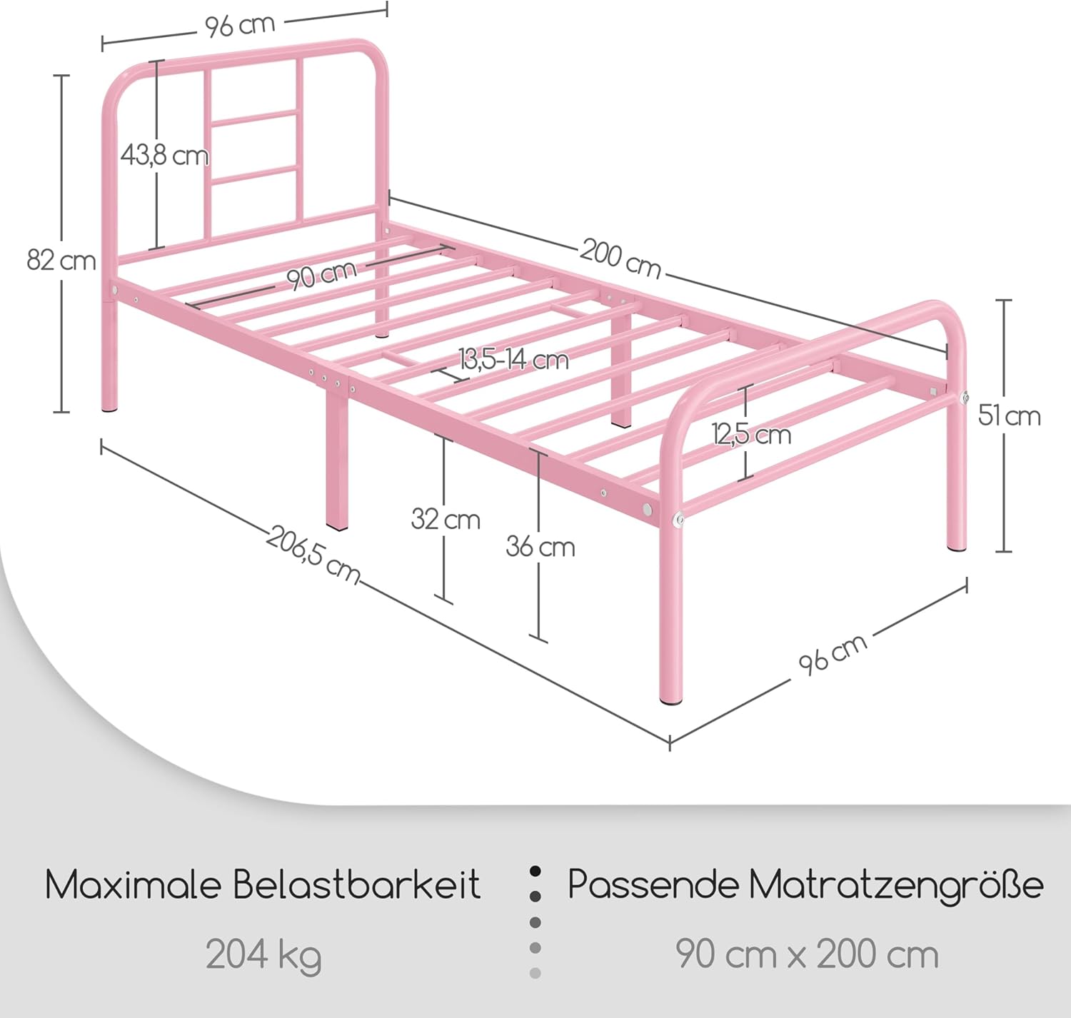 Yaheetech Metallbett 90 x 200 cm Bettrahmen mit Lattenrost Bettgestelle mit Kopfteil Einzelbett Gästebett für Schlafzimmer Gästezimmer Hellrosa