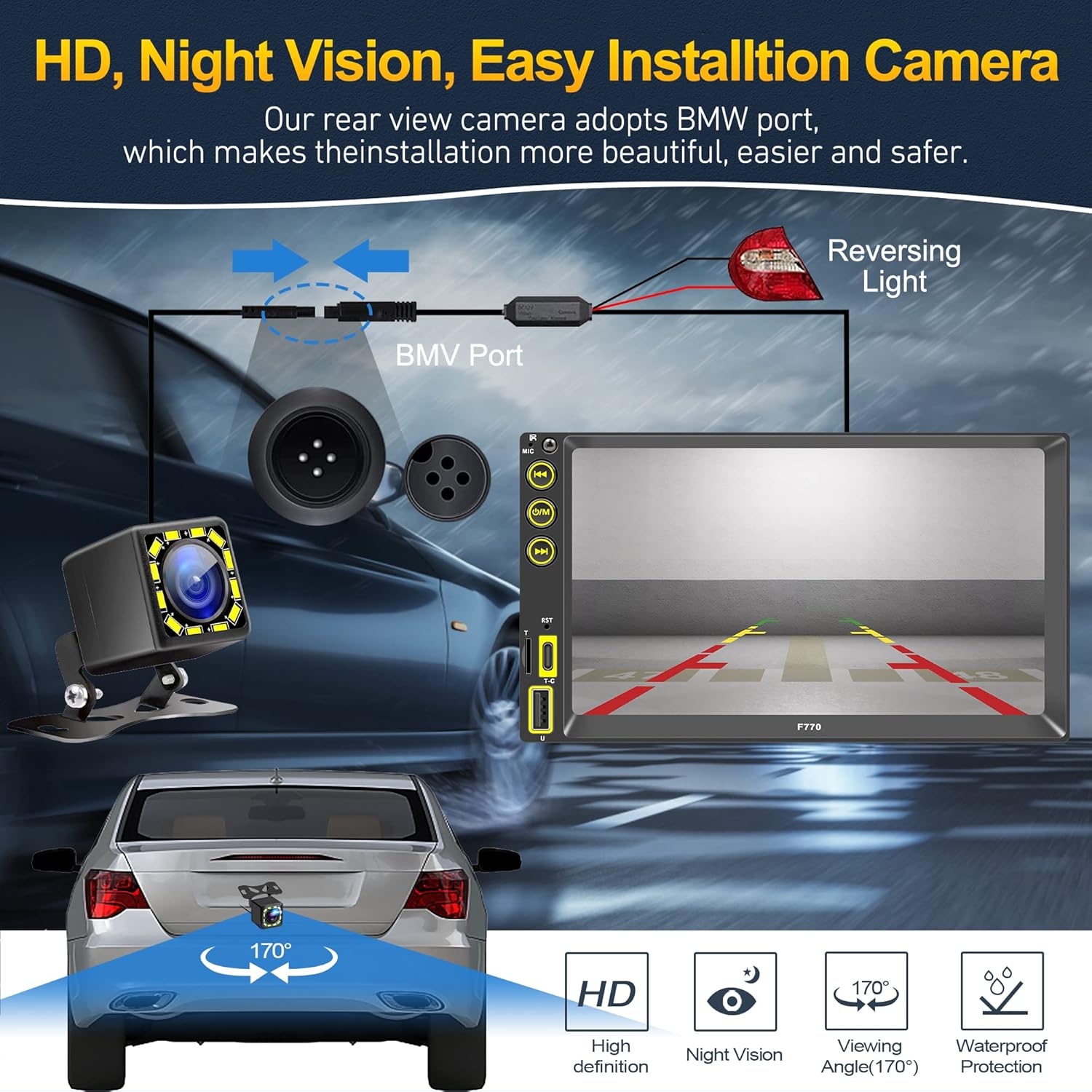 RDS Autoradio 2Din with Carplay,Android Auto,Bluetooth Hands-Free, Voice Control,Mirror Link,Media Receiver,HD Touchscreen 7 Inches, Reversing Camera,AM/FM/USB/Type-C,MP5 Player with Subwoofer,SWC