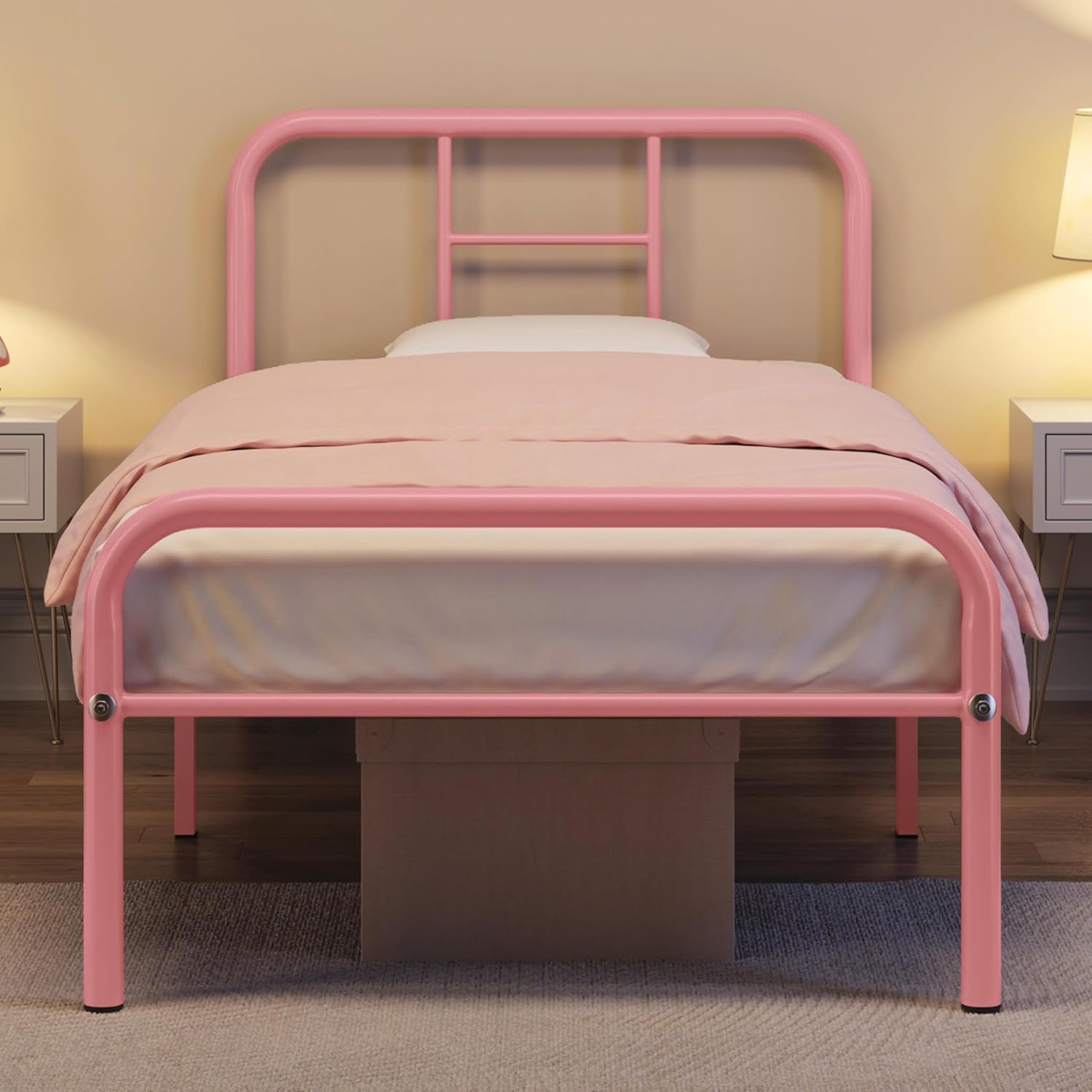 Yaheetech Metallbett 90 x 200 cm Bettrahmen mit Lattenrost Bettgestelle mit Kopfteil Einzelbett Gästebett für Schlafzimmer Gästezimmer Hellrosa