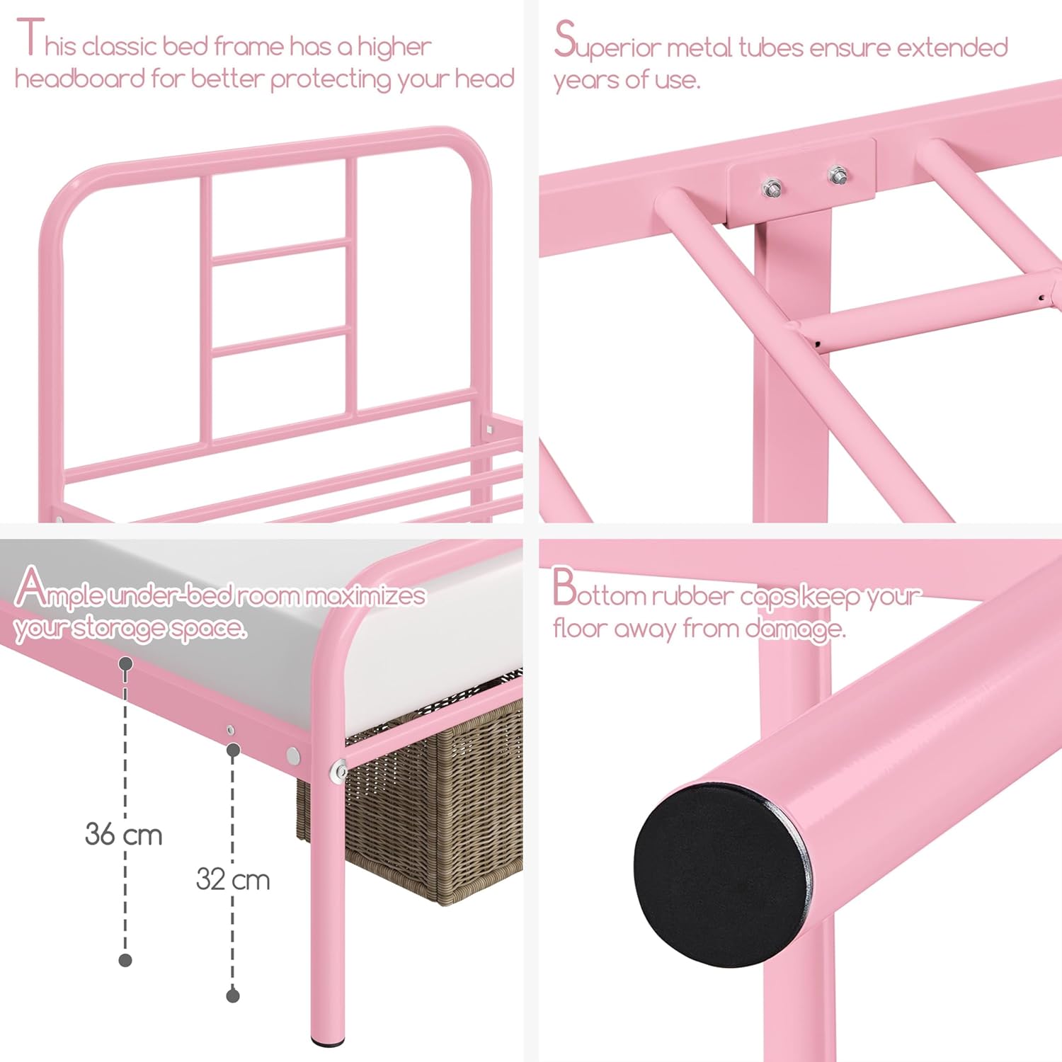 Yaheetech Metallbett 90 x 200 cm Bettrahmen mit Lattenrost Bettgestelle mit Kopfteil Einzelbett Gästebett für Schlafzimmer Gästezimmer Hellrosa