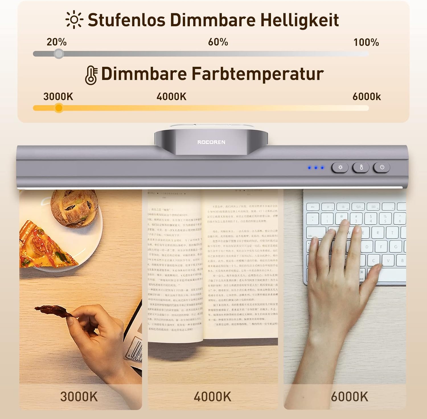 Rocoren Unterbauleuchte Küche LED Akku, 3 Farben, stufenlos dimmbare LED Lichtleiste batteriebetriebene Schreibtischlampe, Schminklicht, Schranklampe, Schranklicht, Led Bar mit Magneten