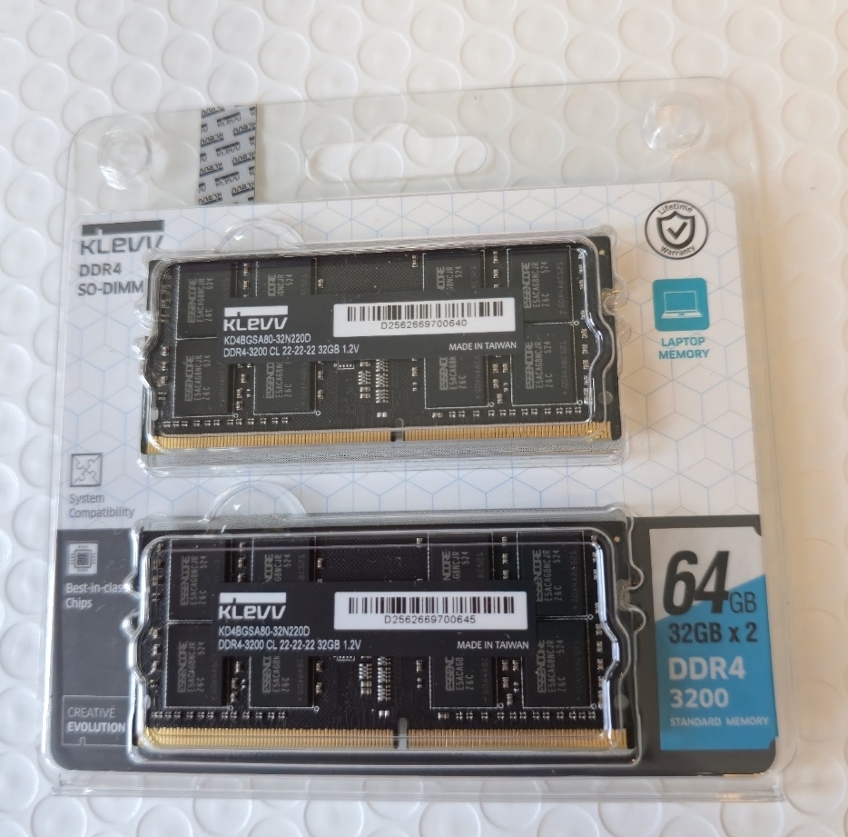 KLEVV 64GB (2x 32GB) DDR4-3200 SODIMM Laptop RAM – NEU & OVP. EAN 4895194966975