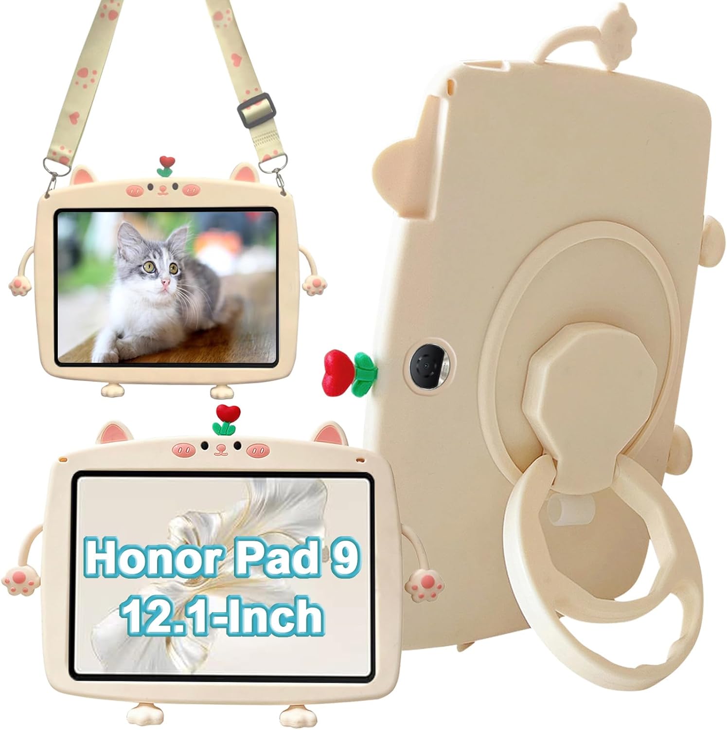 Schutzhülle Kompatibel mit Honor Pad 9 12.1 Zoll Tablet 2023 Niedliche Katze Kinder-Hülle mit 360° Drehbarem Handgriff Stifthalter Schultergurt