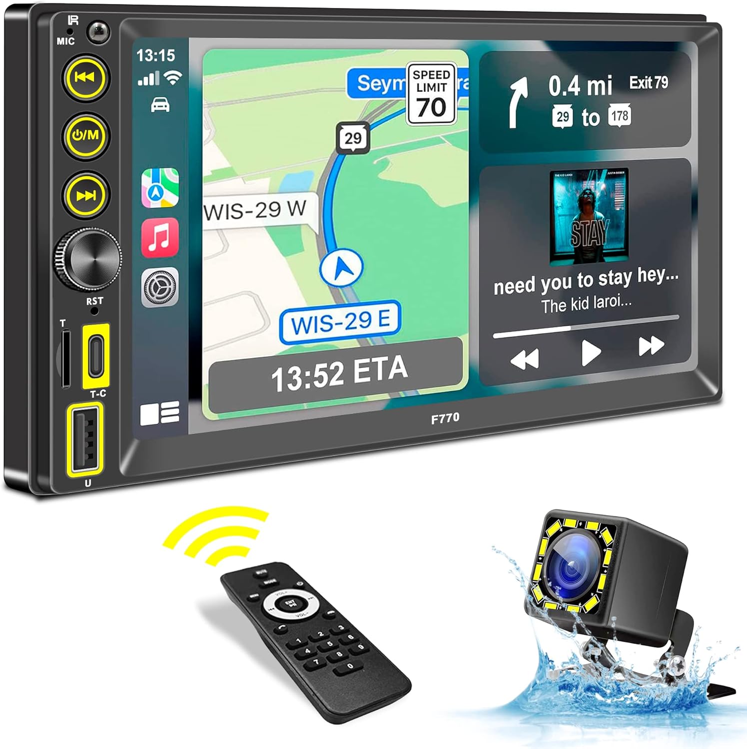 RDS Autoradio 2Din with Carplay,Android Auto,Bluetooth Hands-Free, Voice Control,Mirror Link,Media Receiver,HD Touchscreen 7 Inches, Reversing Camera,AM/FM/USB/Type-C,MP5 Player with Subwoofer,SWC