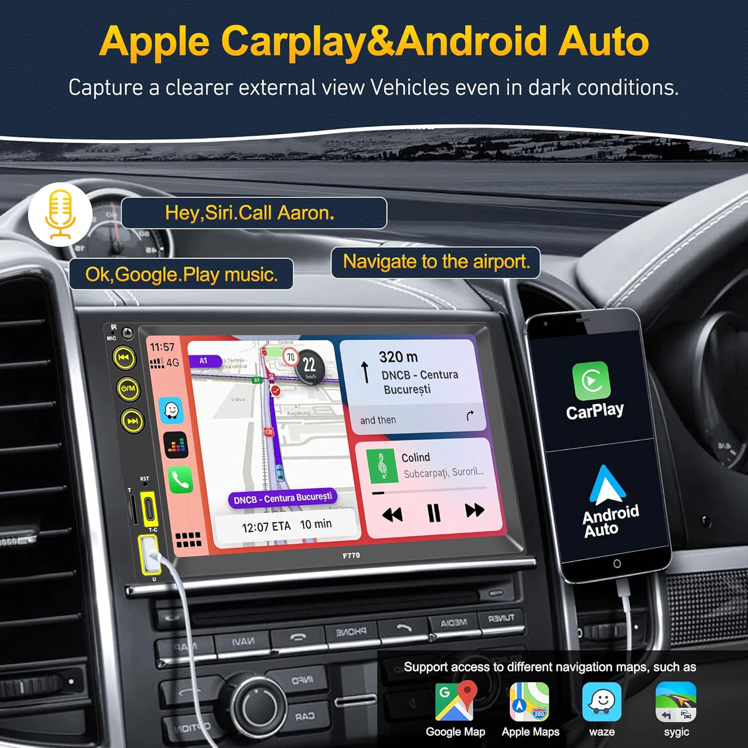 RDS Autoradio 2Din with Carplay,Android Auto,Bluetooth Hands-Free, Voice Control,Mirror Link,Media Receiver,HD Touchscreen 7 Inches, Reversing Camera,AM/FM/USB/Type-C,MP5 Player with Subwoofer,SWC