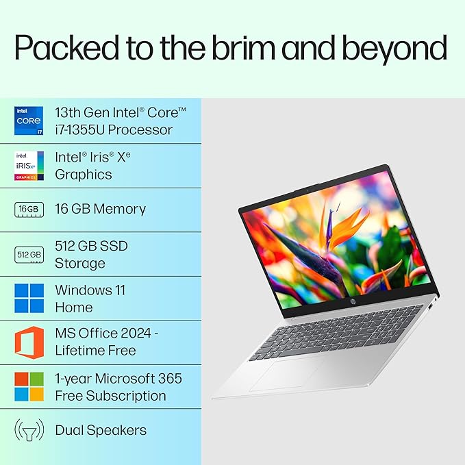 HP 15,13th Gen Intel Core i7-1355U Laptop,(16GB DDR4, 512GB SSD) Antiglare, 15.6/39.6cm, FHD, Win11, M365 Basic(1yr), Office Home 24, Silver, 1.59kg, Iris Xe, FHD Camera w/Shutter, Backlit, fd0468tu