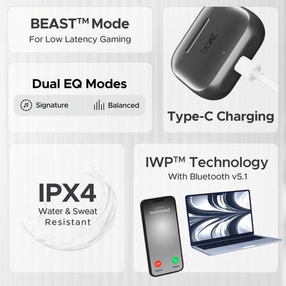boAt Airdopes 161, Adv 4Mic ENx, 50H Battery,Fast Charge,13mm Driver, Metallic Finish Bluetooth  (Carbon Black, True Wireless)
