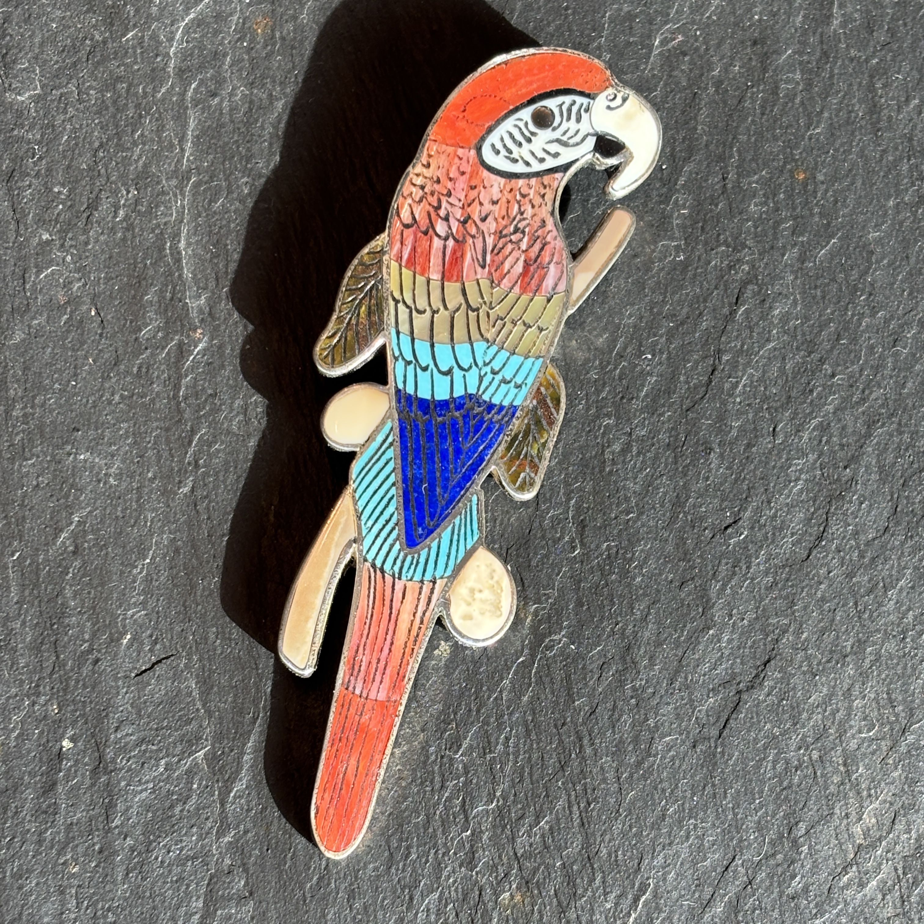 Harlan & Monica Coonsis Zuni Parrot Pendant Brooch Inlay 3” 
