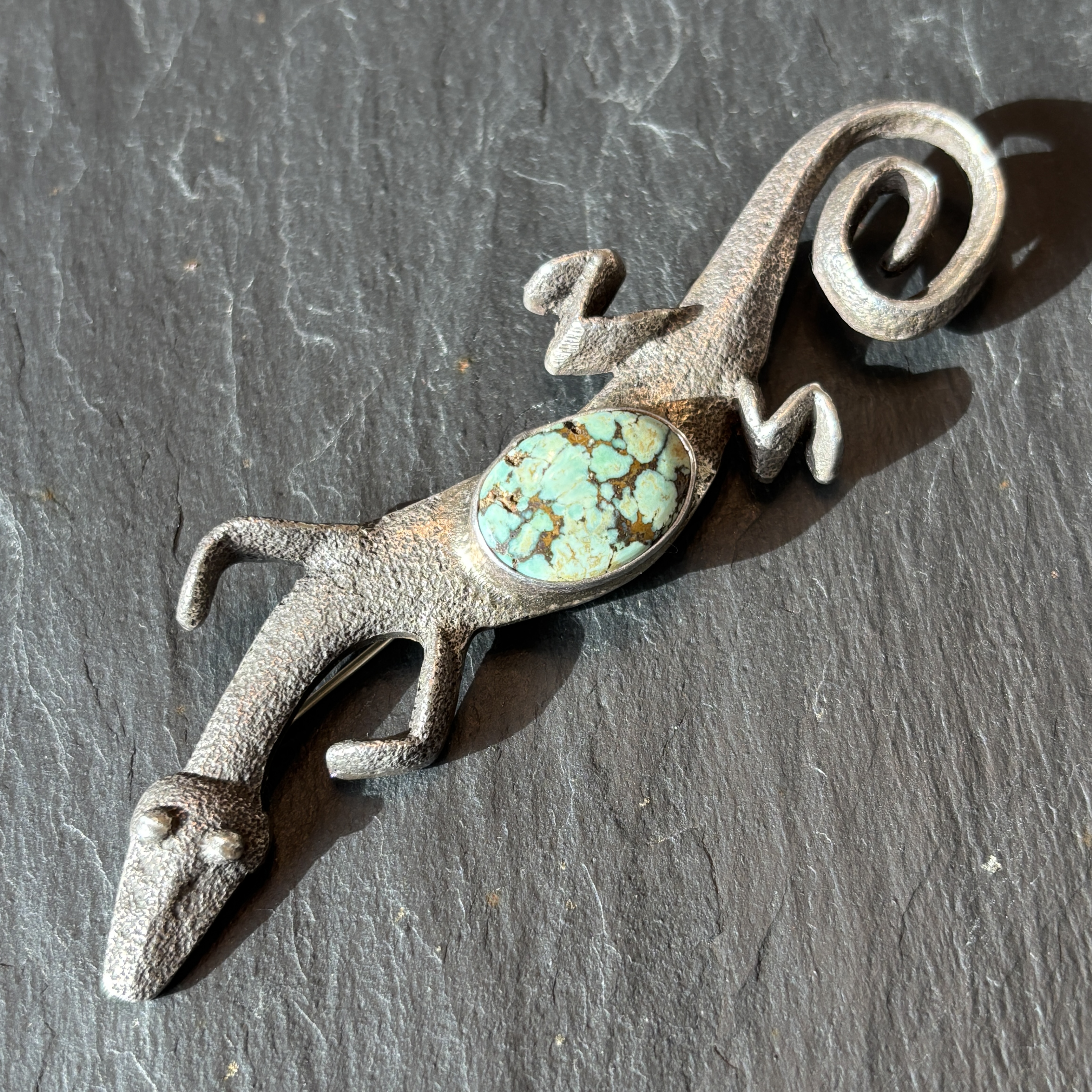 Anthony Lovato Santo Domingo Brooch Pendant Sterling Silver Turquoise Lizard Vintage