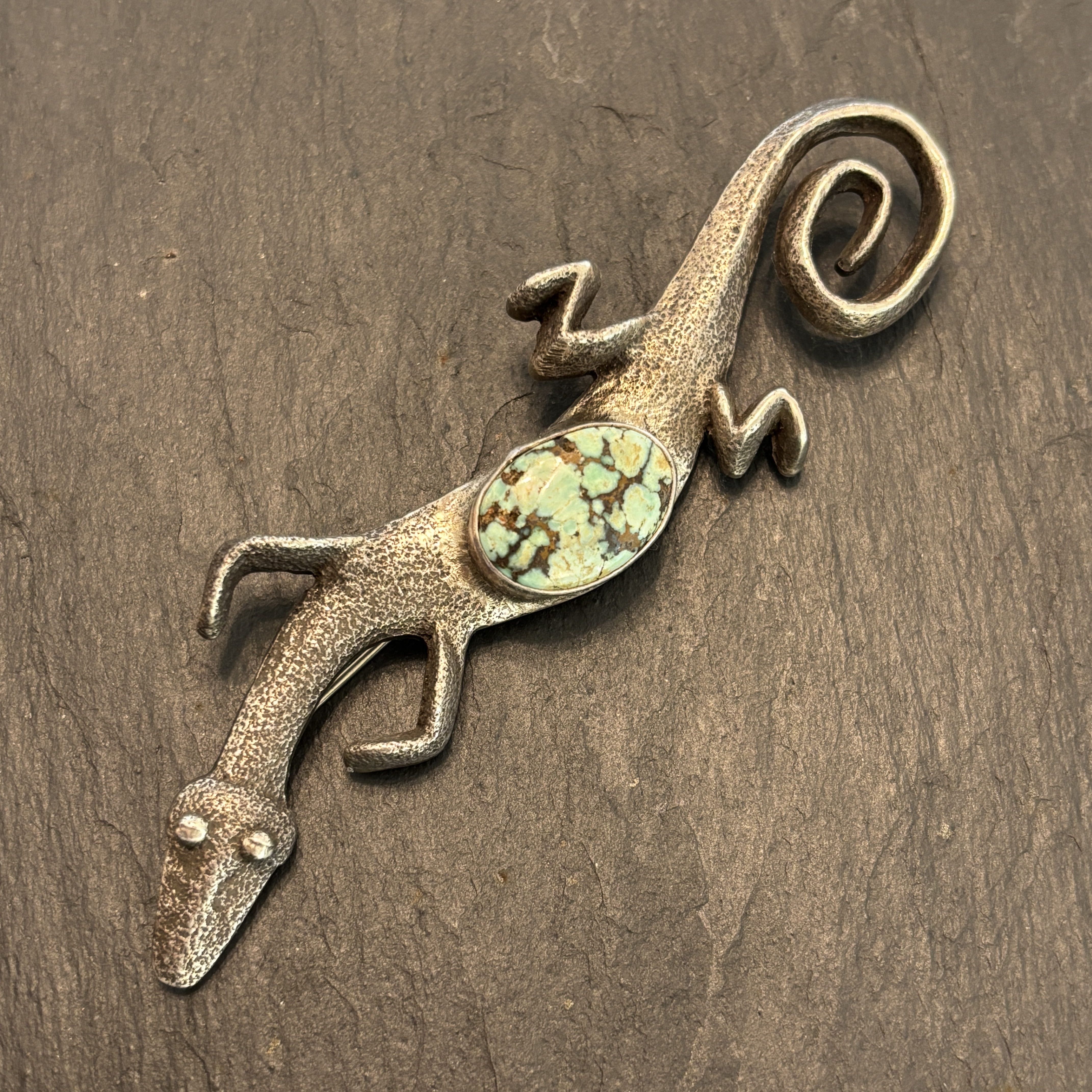 Anthony Lovato Santo Domingo Brooch Pendant Sterling Silver Turquoise Lizard Vintage