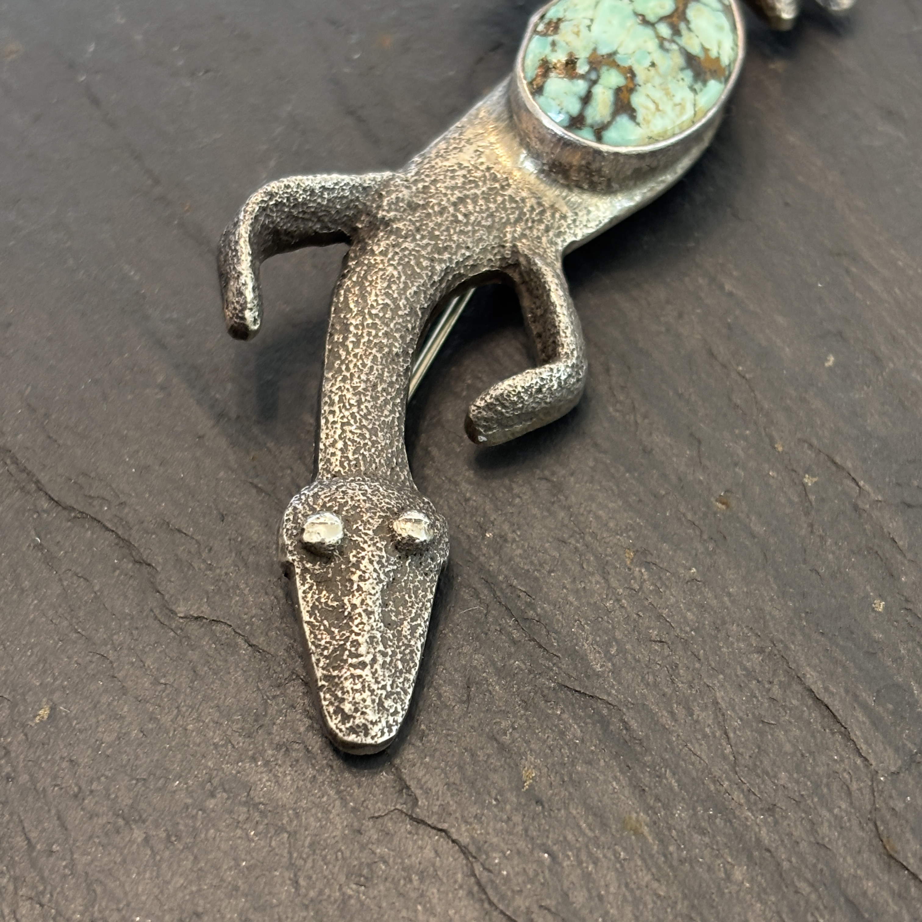 Anthony Lovato Santo Domingo Brooch Pendant Sterling Silver Turquoise Lizard Vintage