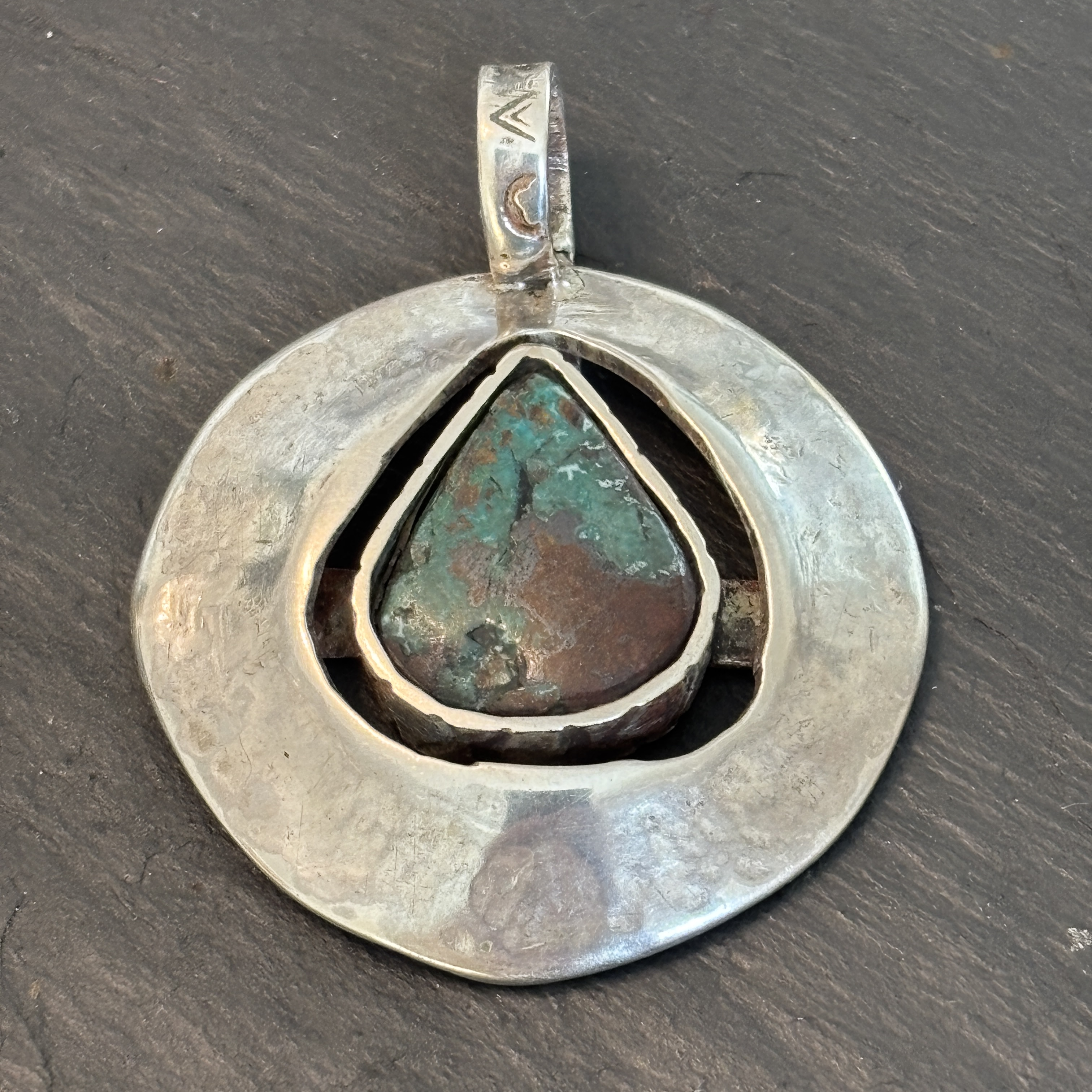 Robert Mac Eustace Jones, Zuni Bisbee Turquoise Shield Sterling Pendant