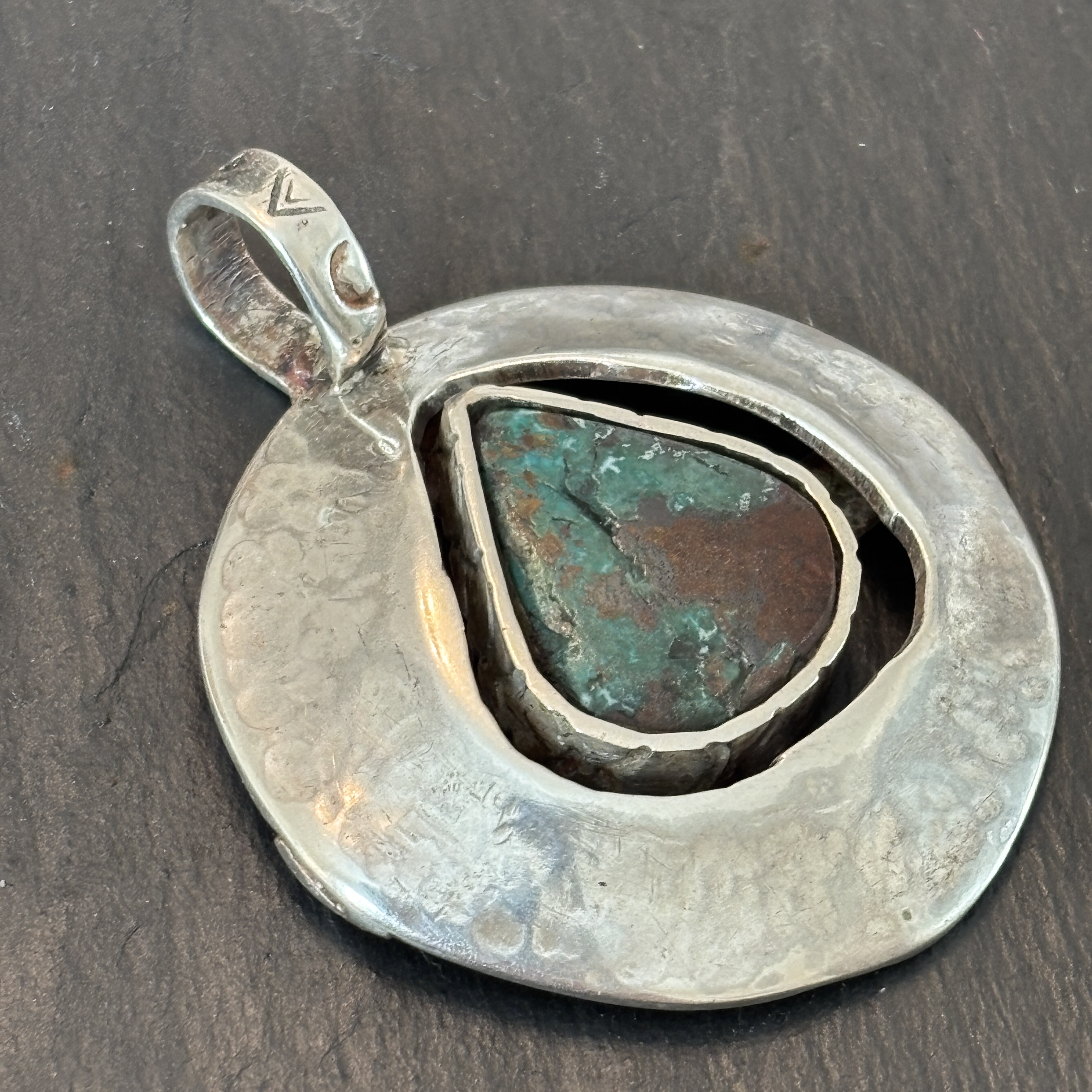 Robert Mac Eustace Jones, Zuni Bisbee Turquoise Shield Sterling Pendant 