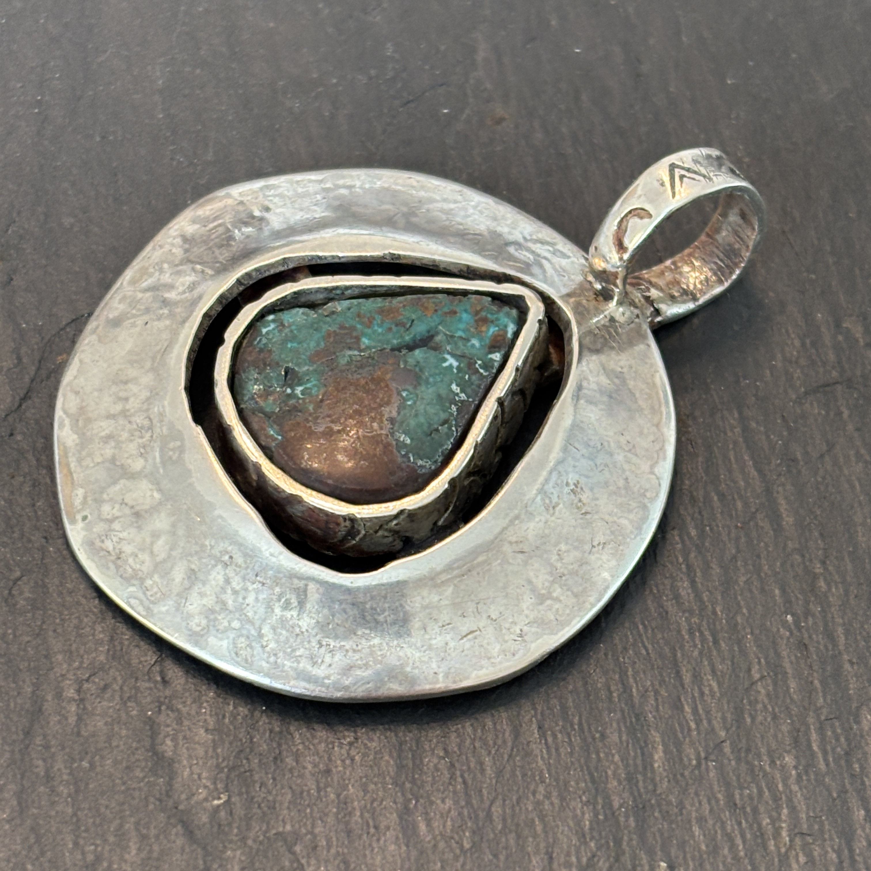 Robert Mac Eustace Jones, Zuni Bisbee Turquoise Shield Sterling Pendant 