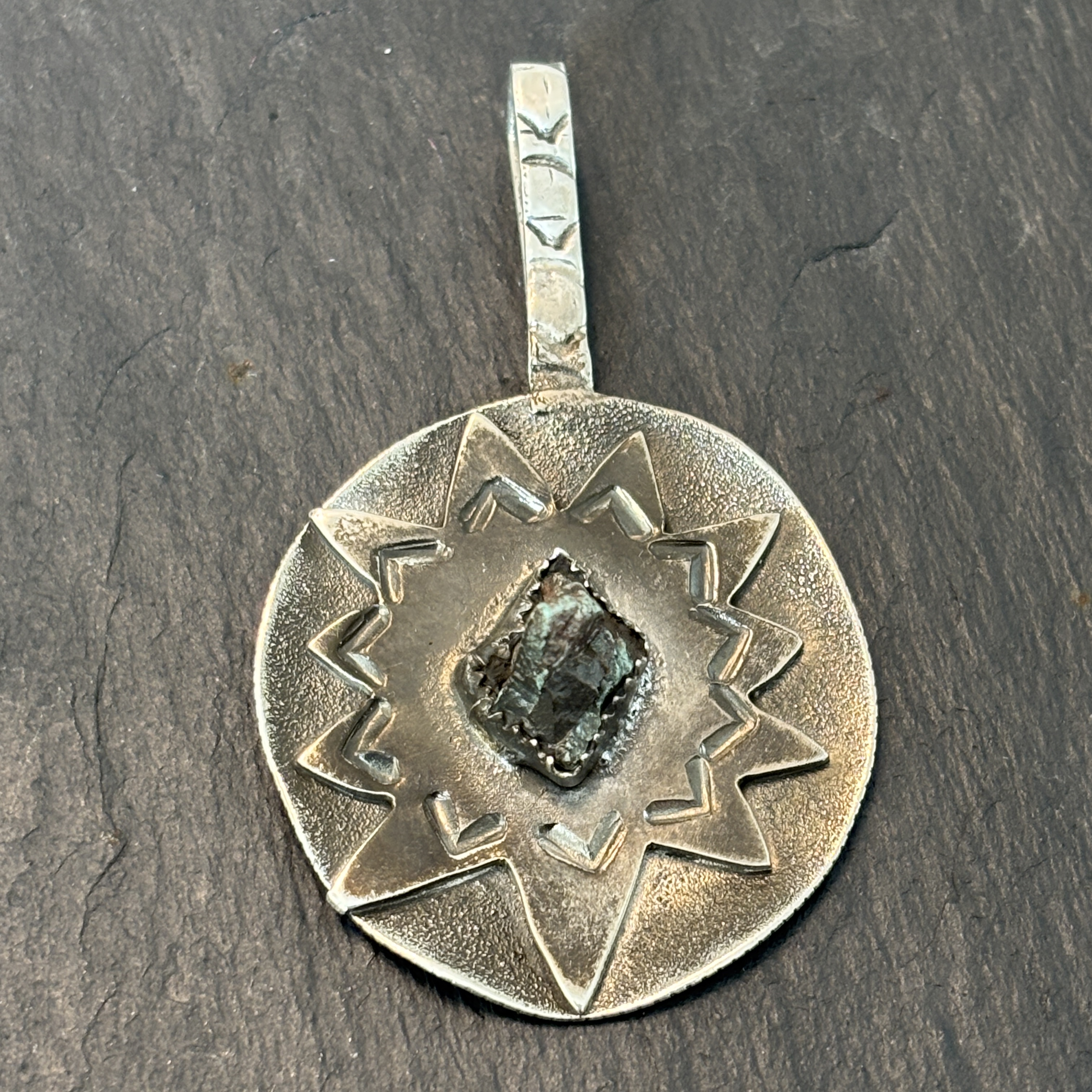 Robert Mac Eustace Jones, Zuni Cerillos Turquoise Shield Sterling Pendant