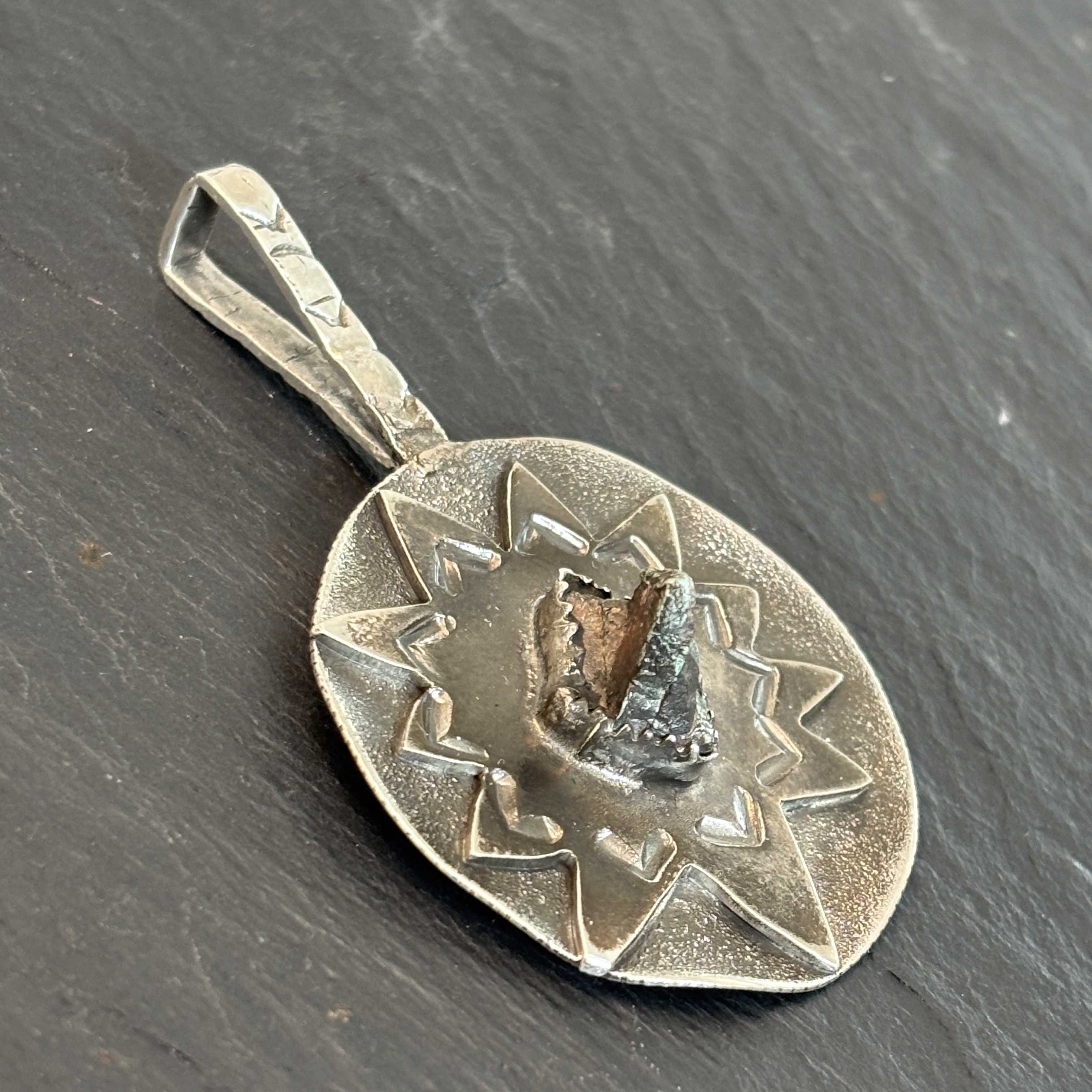 Robert Mac Eustace Jones, Zuni Cerillos Turquoise Shield Sterling Pendant 