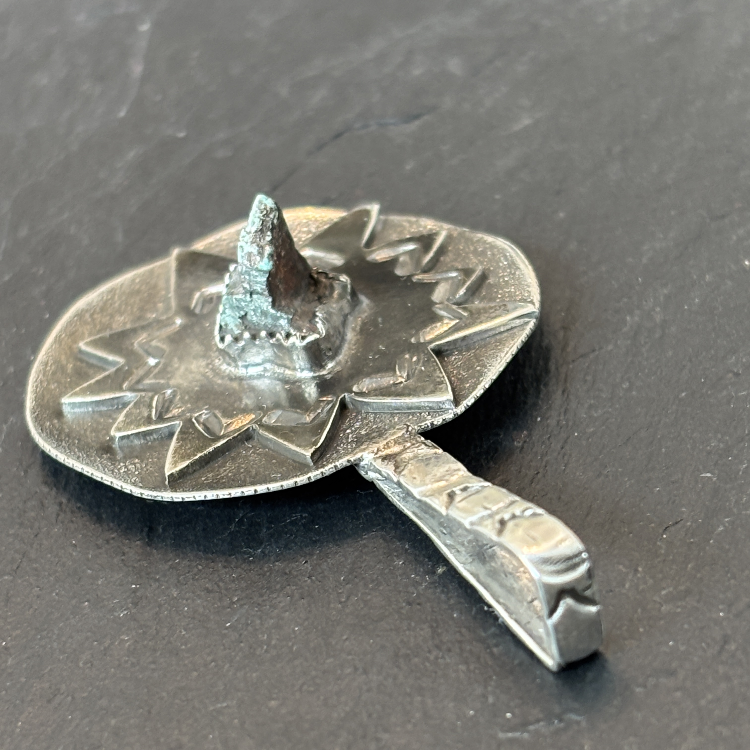 Robert Mac Eustace Jones, Zuni Cerillos Turquoise Shield Sterling Pendant 