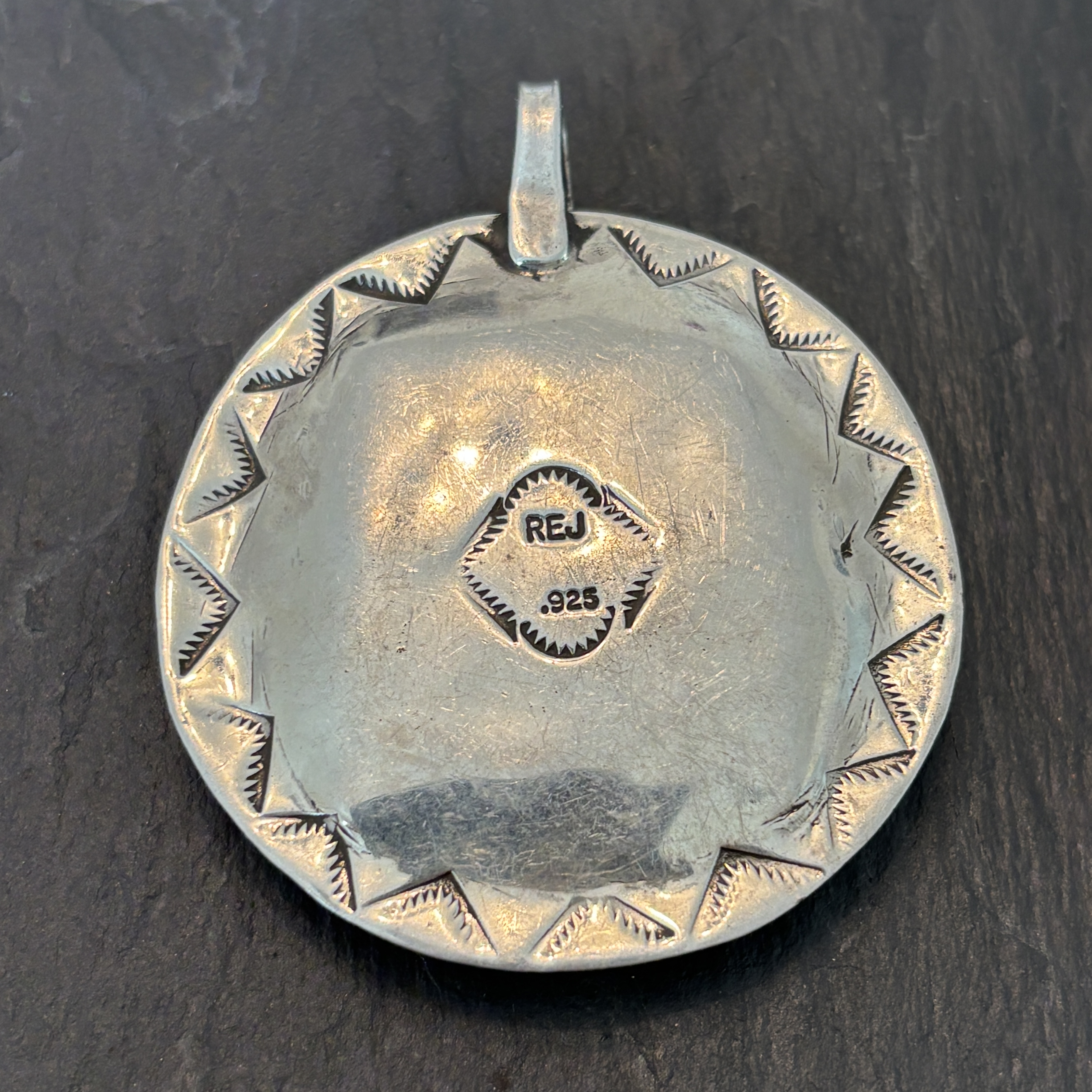 Robert Mac Eustace Jones, Zuni Solar Eclipse Turquoise Sterling Pendant 