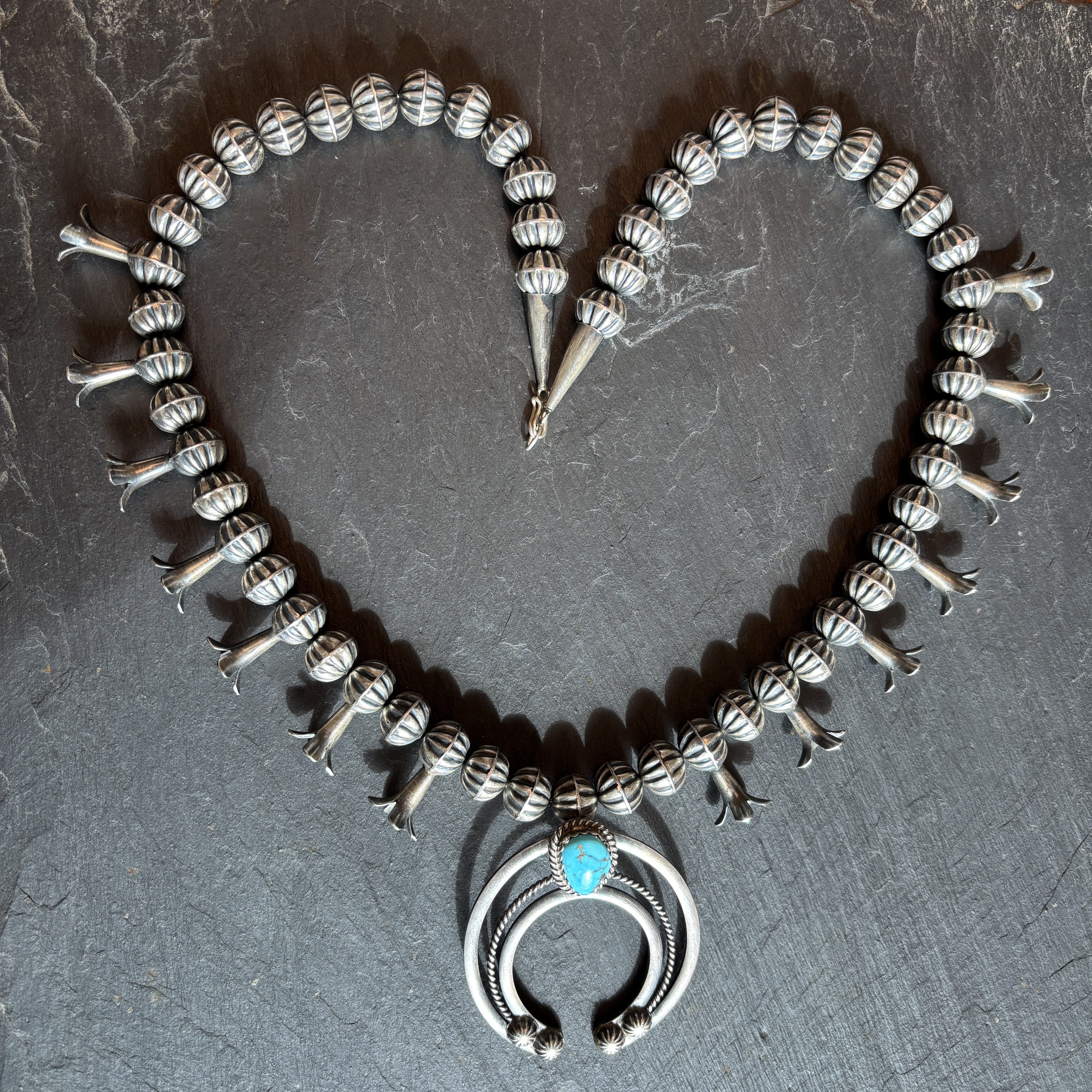 Leon Kurley Sr. Navajo Handmade Sterling Silver Squash Blossom Bead 27” Necklace